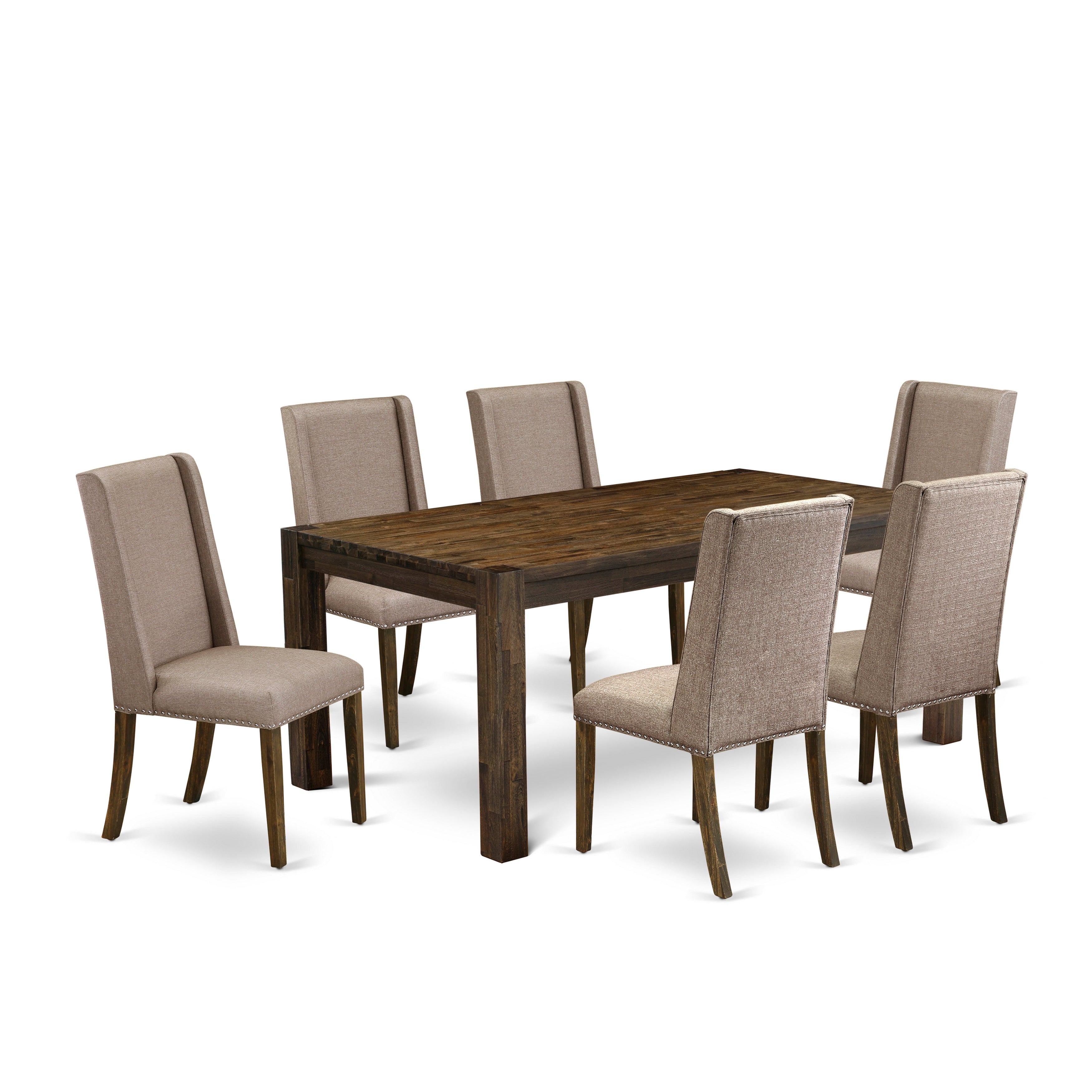 East West Furniture LMFL7-77-16 7-Pc Dining Table Set- 6 Kitchen Dining Chairs with Dark Khaki Linen Fabric Seat and Stylish Chair Back - Kitchen Table (Distressed Jacobean Finish)