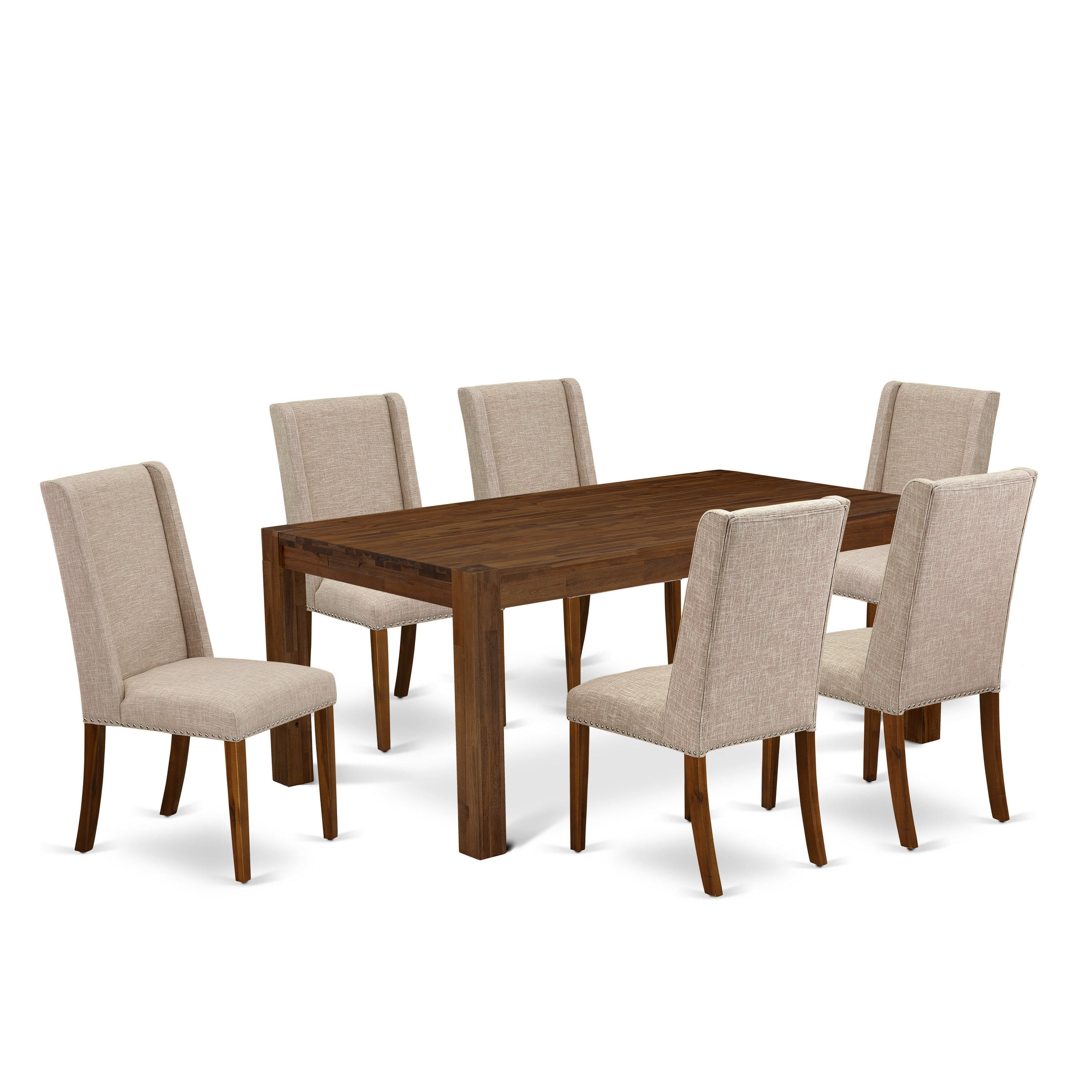 Juego de comedor de 7 piezas East West Furniture LMFL7-N8-04 compuesto por una mesa de comedor rectangular de madera rústica y 6 sillas Parson tapizadas en tela de lino color tostado claro.