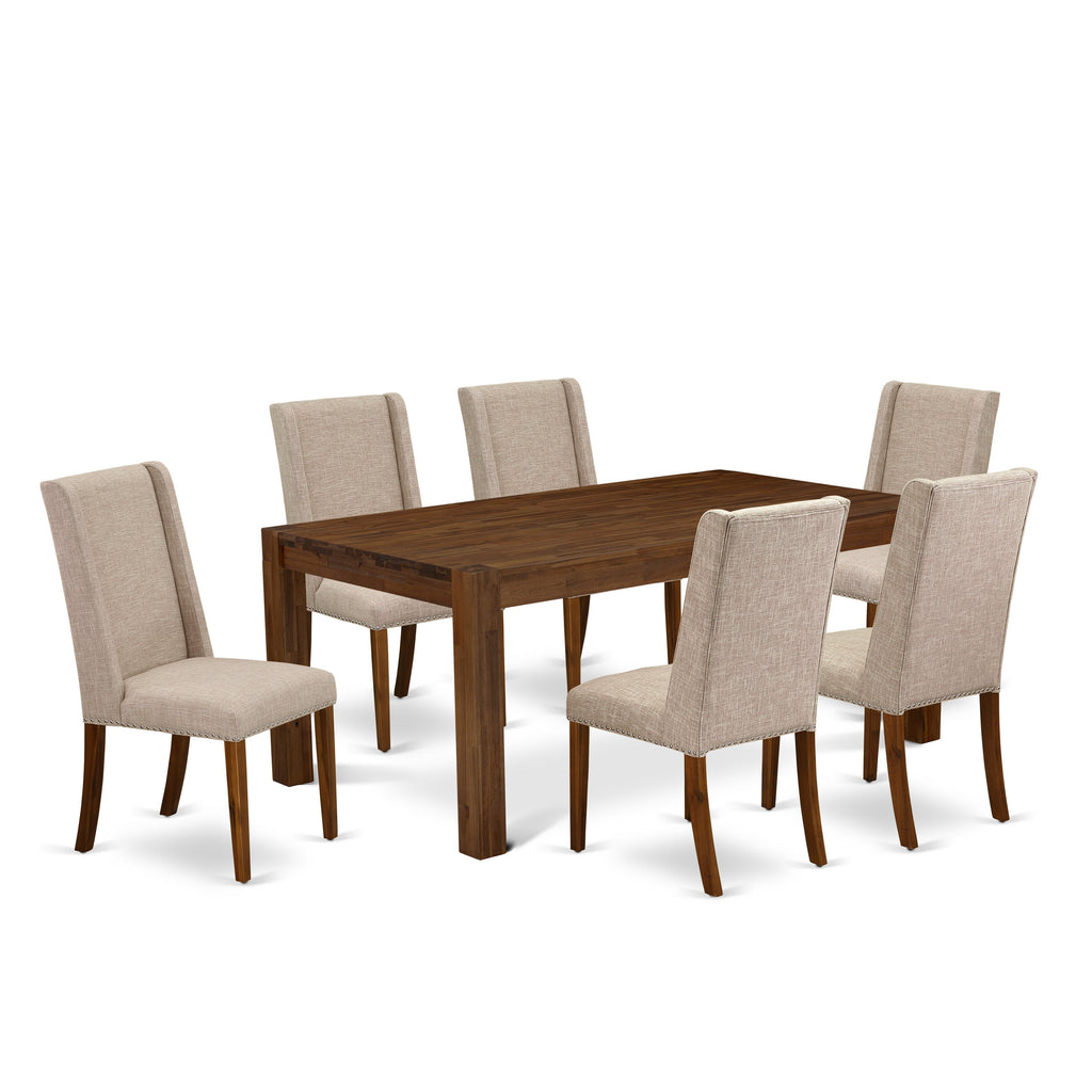 East West Furniture LMFL7-N8-04 7 Piece Dining Set Consist of a Rectangle Rustic Wood Dining Room Table and 6 Light Tan Linen Fabric Upholstered Parson Chairs