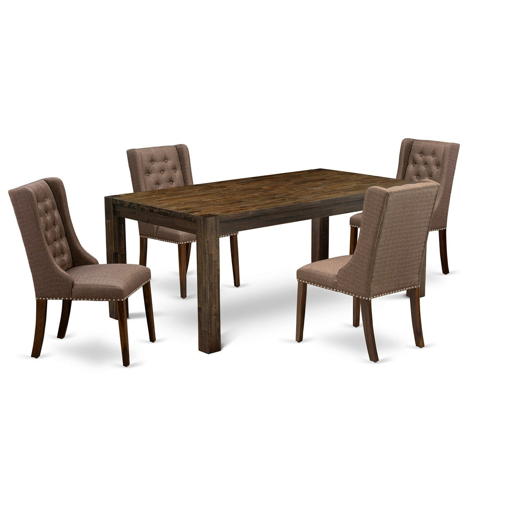 East West Furniture LMFO5-N8-18 5-Piece Dining Table Set Includes Rectangular Dining Table and 4 Brown Linen Fabric Dining Chair with Button Tufted Back - Antique Walnut Finish