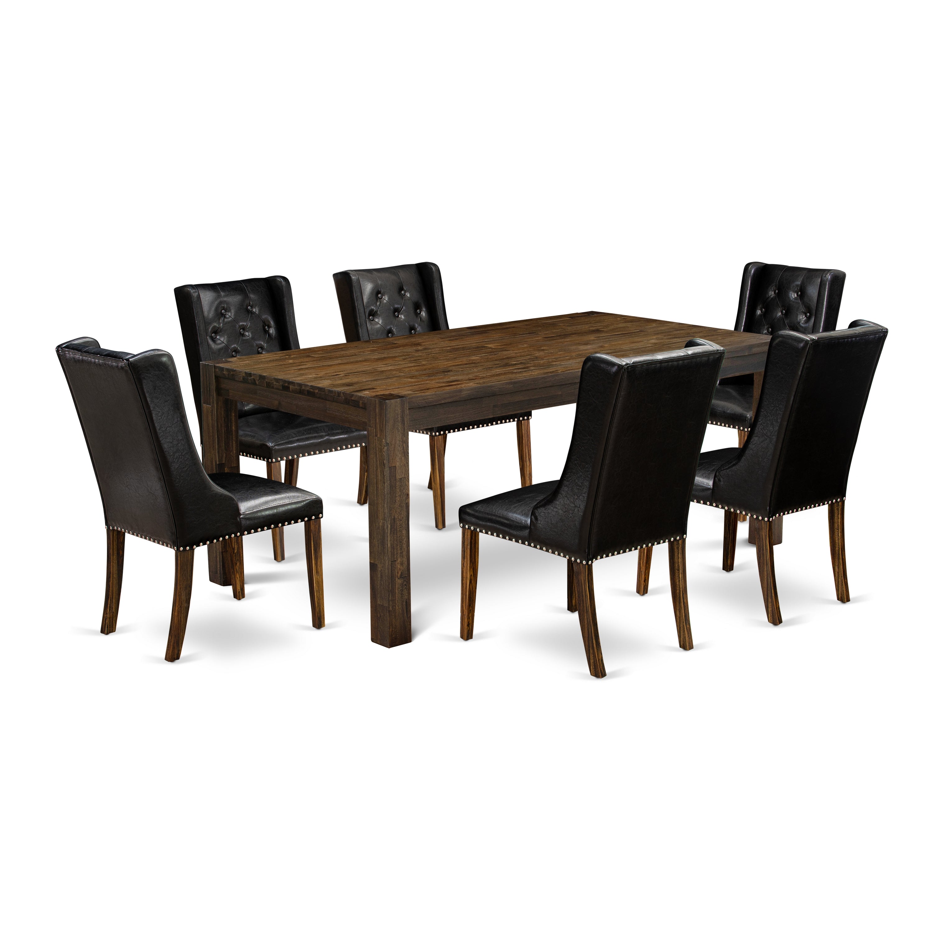 East West Furniture LMFO7-77-49 7-Piece dining room Set Includes 1 Rectangular Dining Table and 6 Black PU faux Leather Dining Chairs with Button Tufted Back - Distressed Jacobean Finish