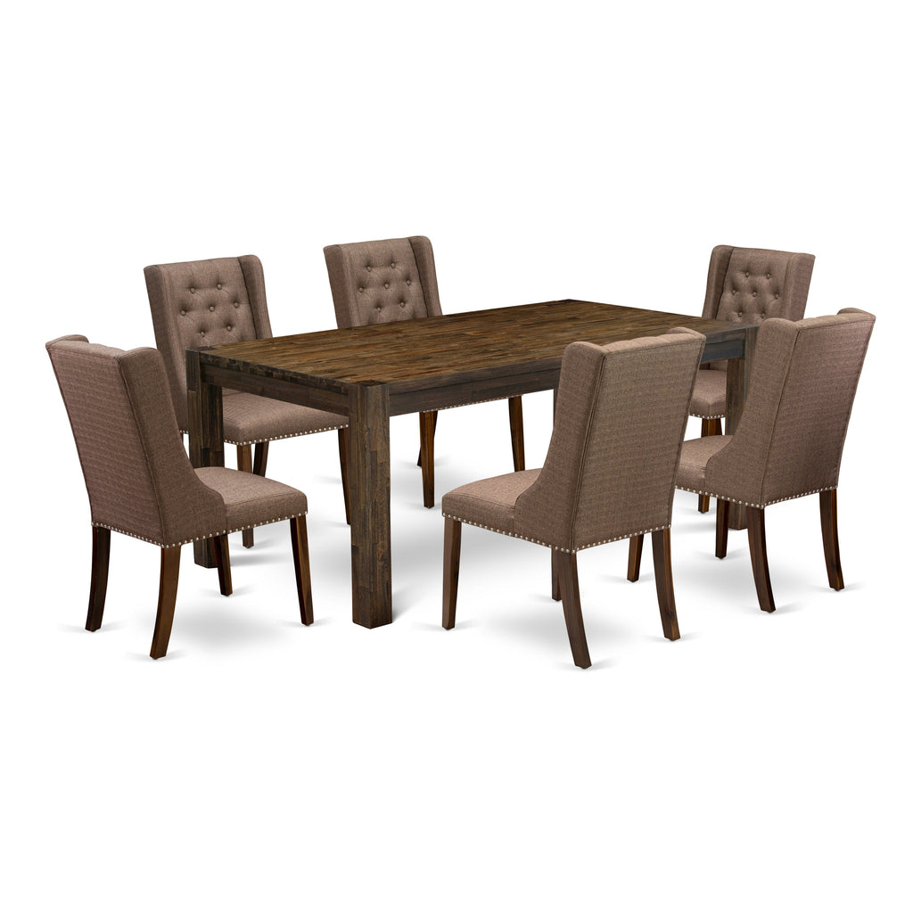 Juego de mesa de comedor moderna de 7 piezas East West Furniture LMFO7-N8-18 compuesto por una mesa rectangular de madera rústica y 6 sillas tapizadas en tela de lino marrón.