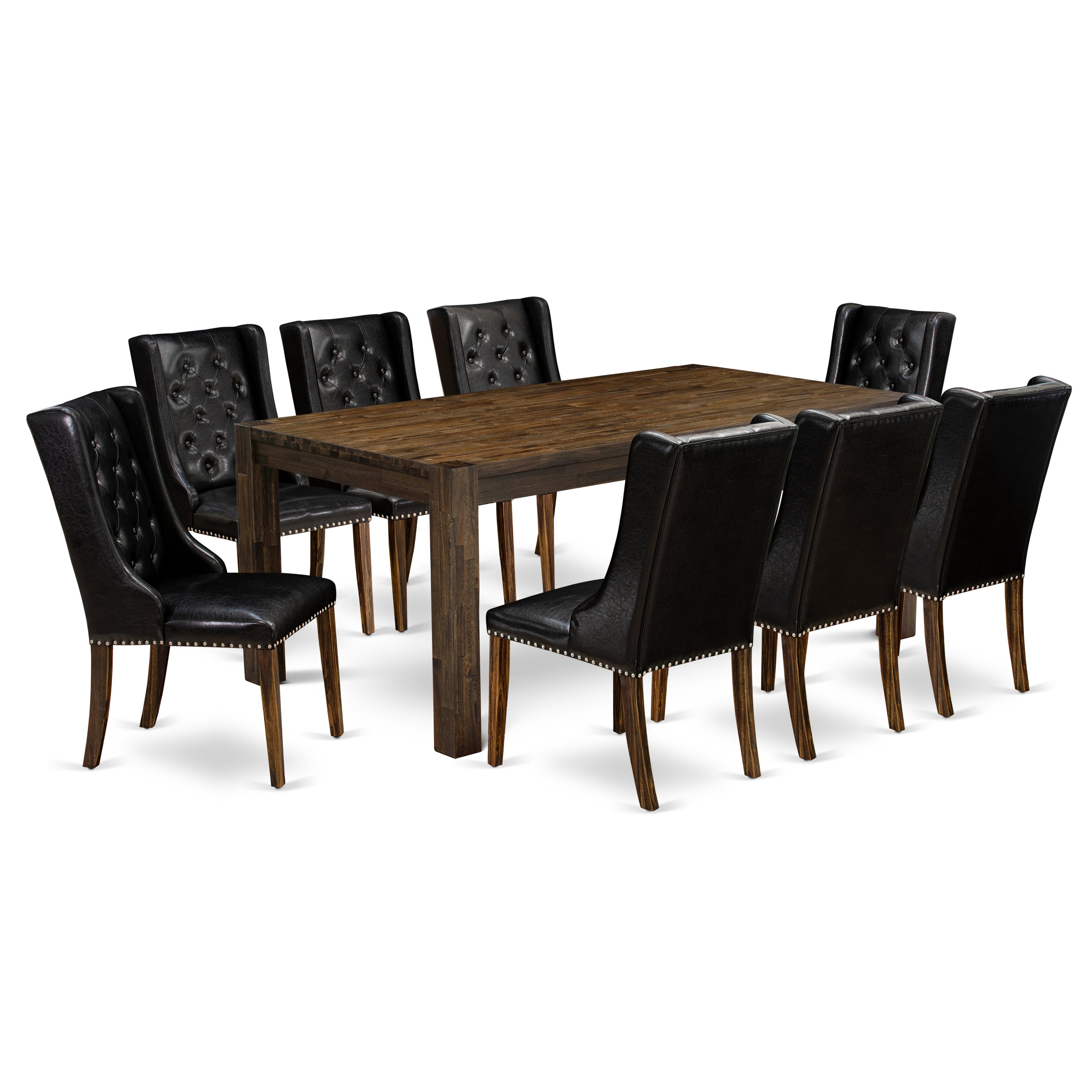 East West Furniture LMFO9-77-49 9-Pc Dining Table Set Includes 1 Rectangular Dining Table and 8 Black PU faux Leather Parson Chairs with Button Tufted Back - Distressed Jacobean Finish