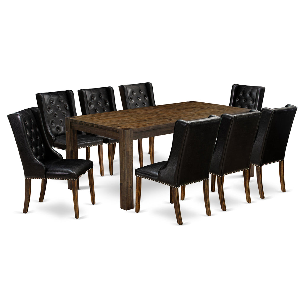 El juego de mesa de cocina de 9 piezas LMFO9-77-49 de East West Furniture incluye una mesa de comedor rectangular de madera rústica y 8 sillas de comedor Parson de cuero sintético negro.