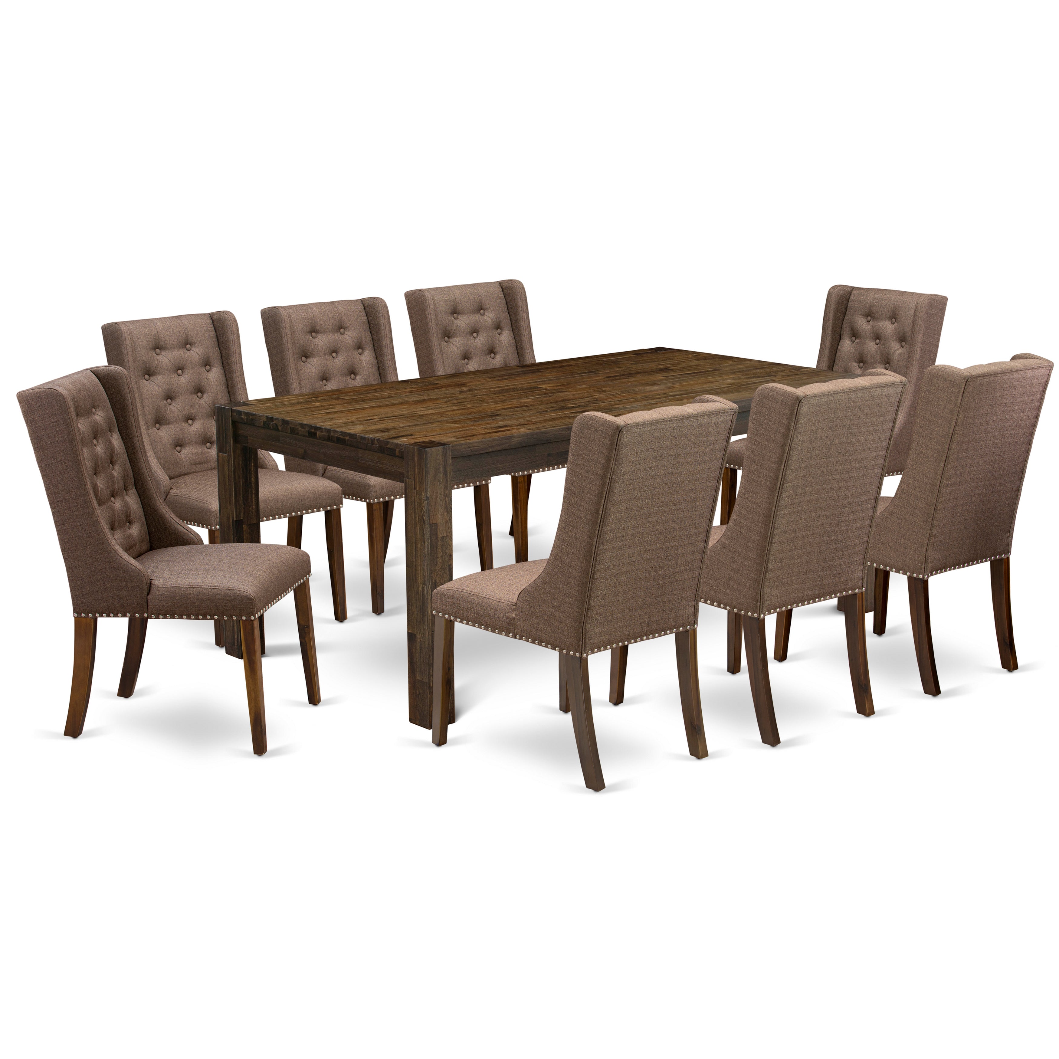 East West Furniture LMFO9-N8-18 9-Pc Dining Table Set Includes 1 Modern Rectangular Dining Table and 8 Brown Linen Fabric Parson Dining Chairs with Button Tufted Back - Antique Walnut Finish
