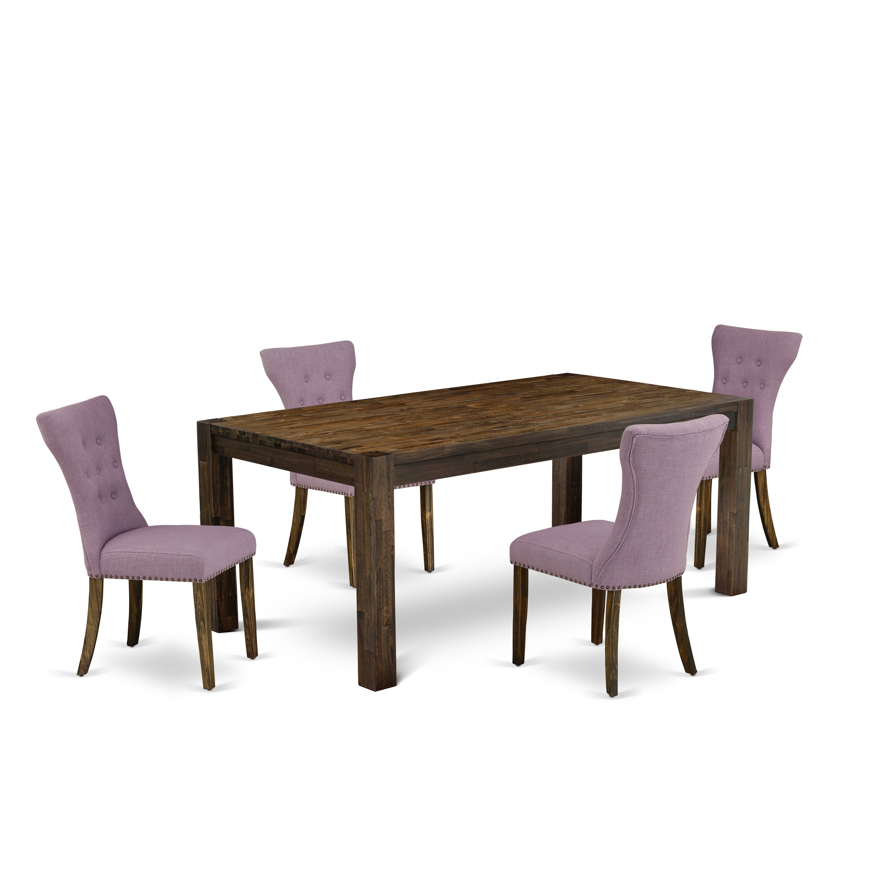 East West Furniture LMGA5-77-40 5-Piece Dining Room Set- 4 Dining Chairs with Dahlia Linen Fabric Seat and Button Tufted Chair Back - Dining Table (Distressed Jacobean Finish)