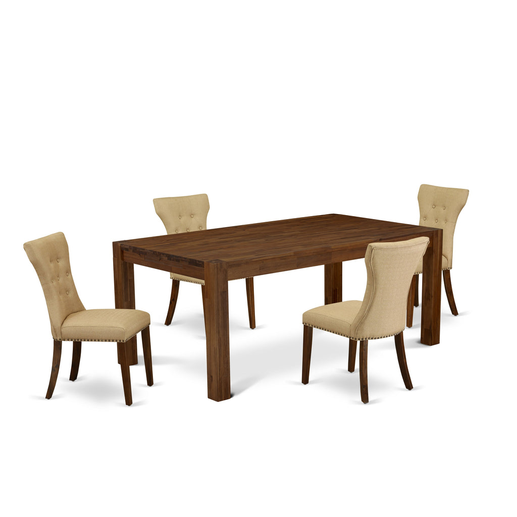 El juego de comedor de 5 piezas East West Furniture LMGA5-N8-03 incluye una mesa de comedor rectangular de madera rústica y 4 sillas tapizadas en tela de lino marrón.