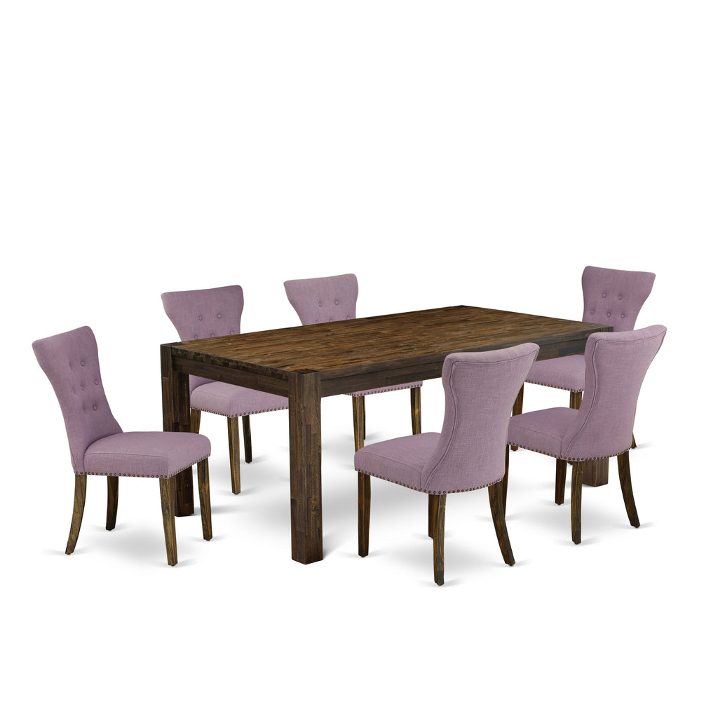 East West Furniture LMGA7-77-40 7 Piece Dining Room Table Set Consist of a Rectangle Rustic Wood Kitchen Table and 6 Dahlia Linen Fabric Parson Dining Chairs