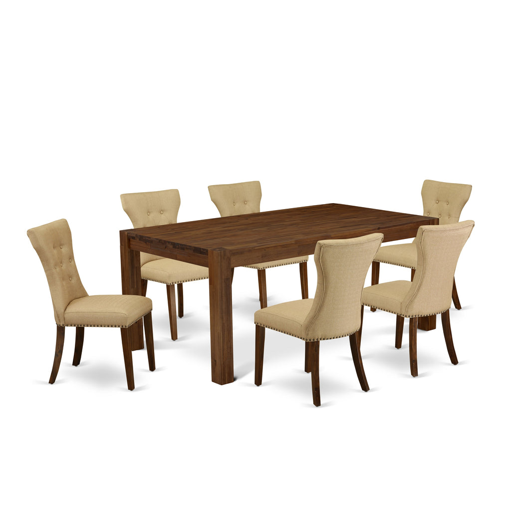 Juego de mesa de comedor East West Furniture LMGA7-N8-03 de 7 piezas compuesto por una mesa de cocina rectangular de madera rústica y 6 sillas de comedor Parson de tela de lino marrón.