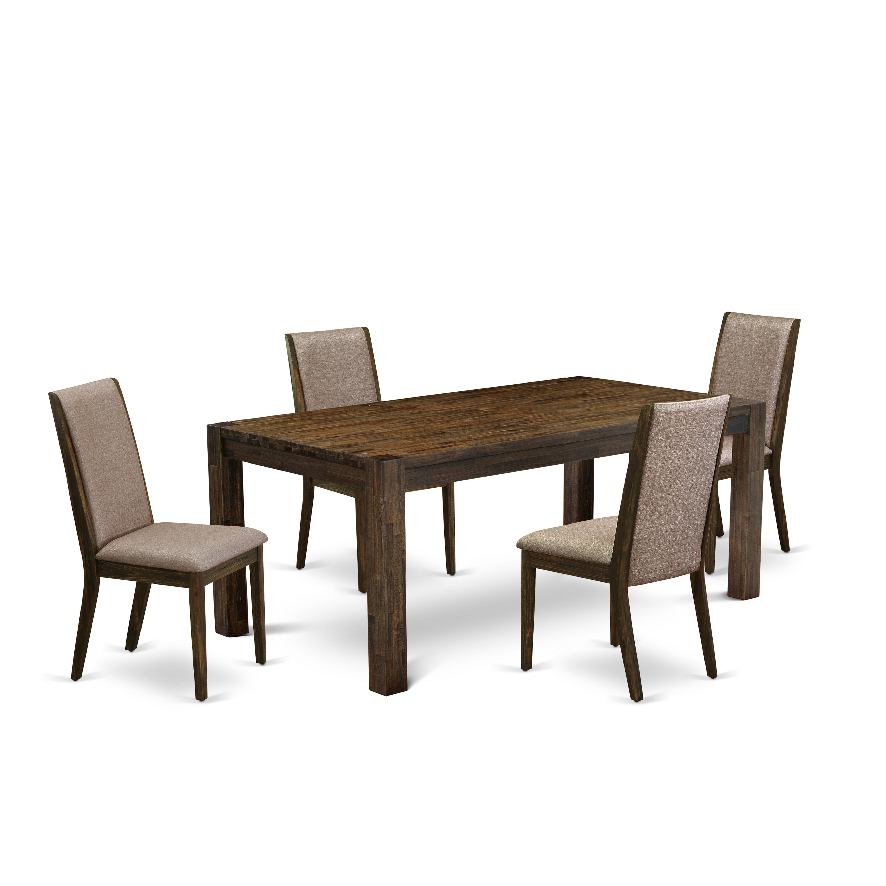 East West Furniture LMLA5-77-16 5-Pc Dining Table Set- 4 dining room chairs with Dark Khaki Linen Fabric Seat and Stylish Chair Back - Dining Room Table (Distressed Jacobean Finish)