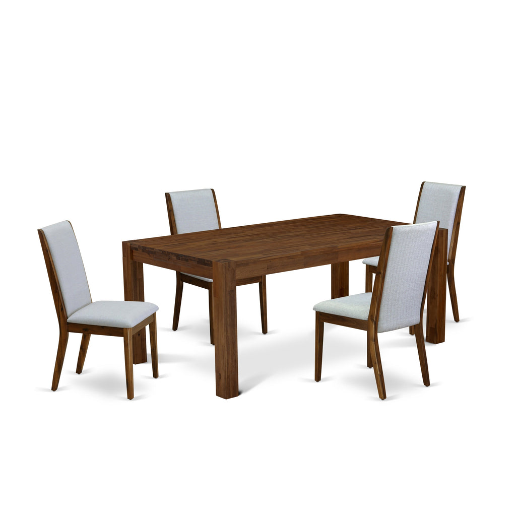 Juego de mesa de cocina de 5 piezas East West Furniture LMLA5-N8-05 para 4 personas. Incluye una mesa de comedor rectangular de madera rústica y 4 sillas tapizadas en tela de lino gris.