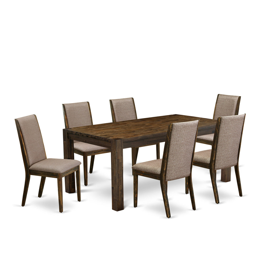 Juego de comedor East West Furniture LMLA7-77-16 de 7 piezas compuesto por una mesa de comedor rectangular de madera rústica y 6 sillas tapizadas en tela de lino color caqui oscuro.