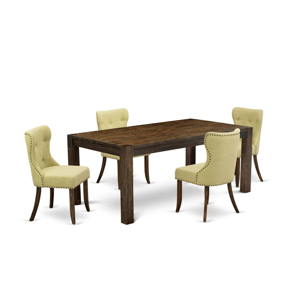 Juego de comedor de 5 piezas East West Furniture LMSI5-77-37 para 4 personas. Incluye una mesa de comedor rectangular de madera rústica y 4 sillas de comedor Parsons de tela de lino Limelight.
