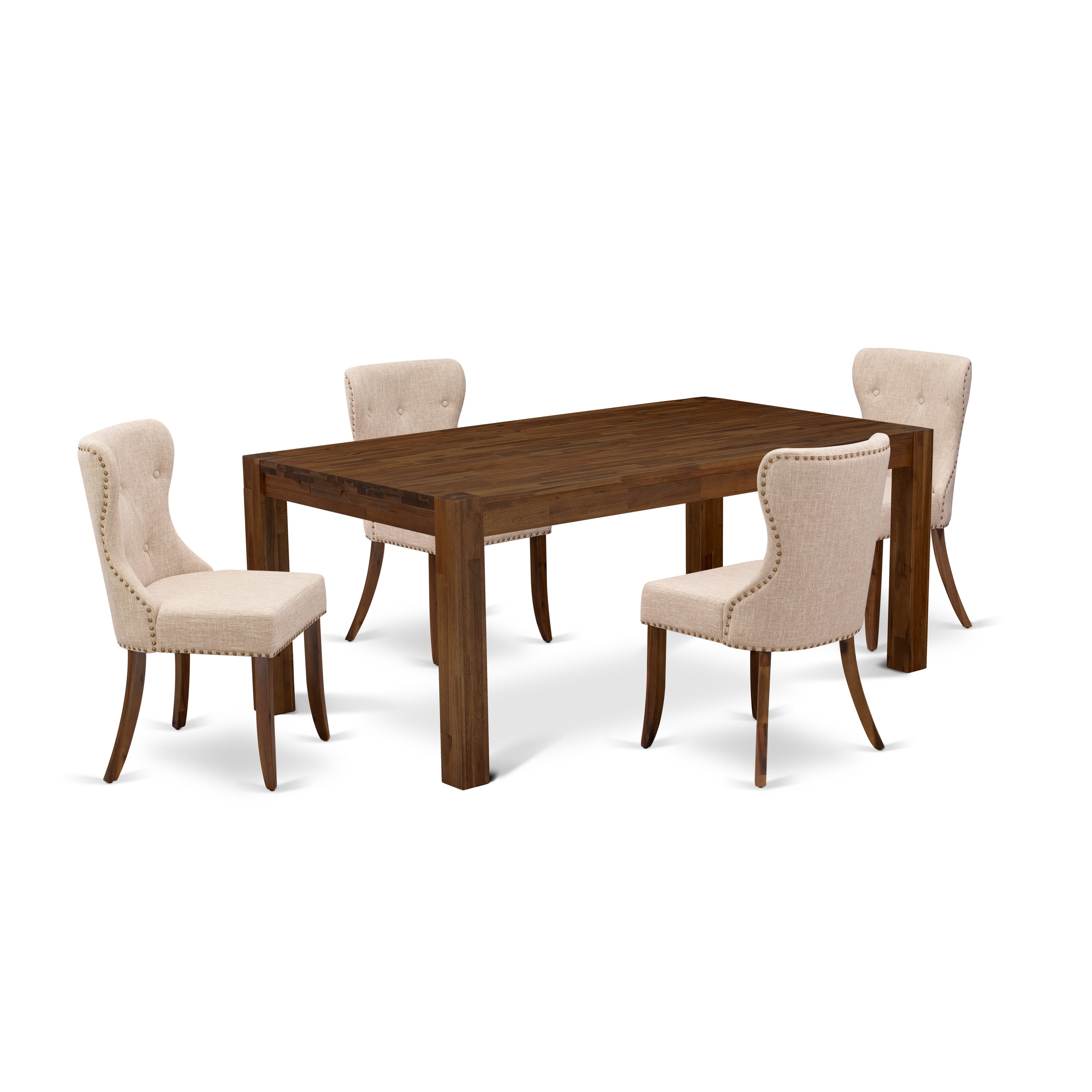 El juego de mesa de comedor de 5 piezas East West Furniture LMSI5-N8-04 incluye una mesa de comedor rectangular de madera rústica y 4 sillas tapizadas en tela de lino color tostado claro.