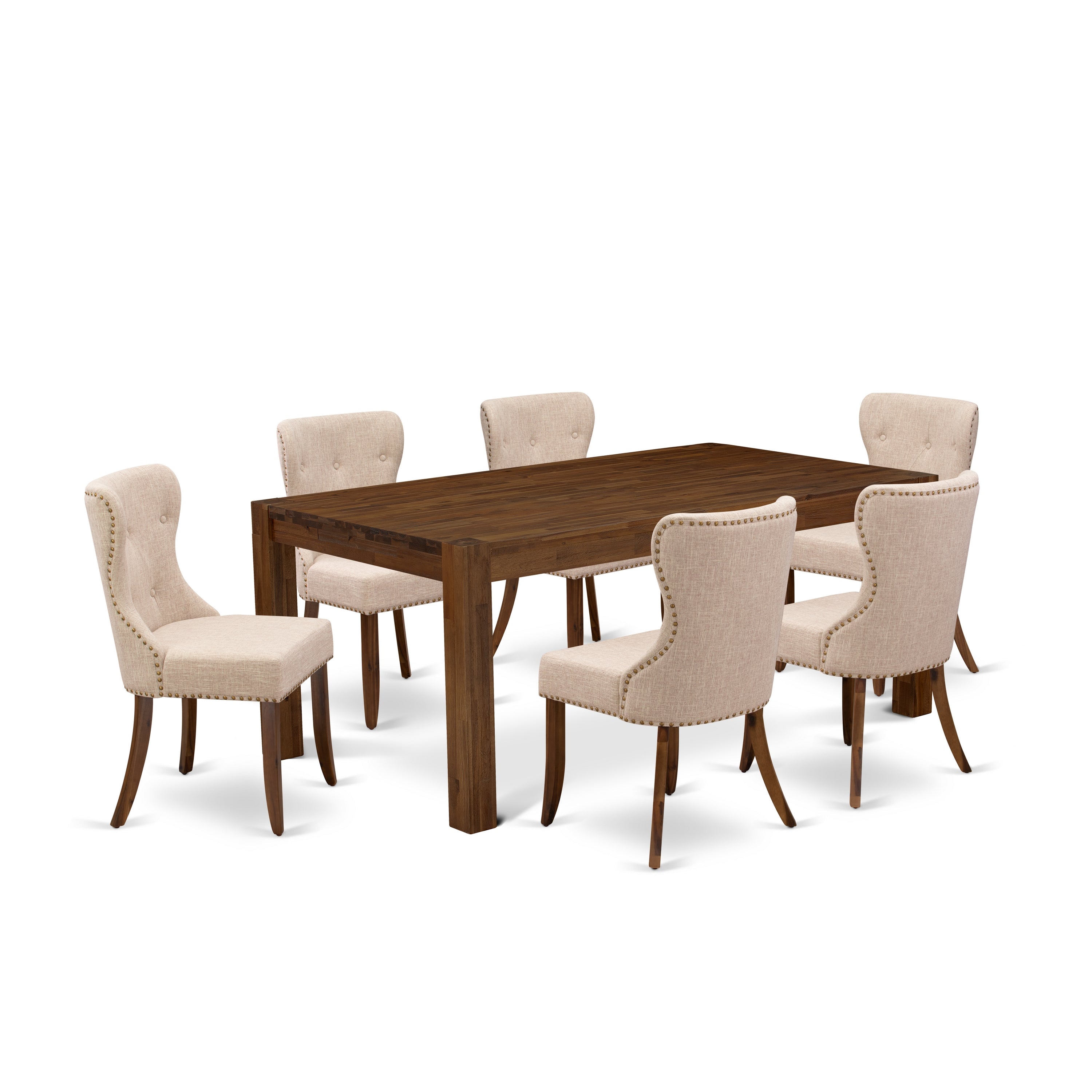 East West Furniture LMSI7-N8-04 7-Piece Kitchen Dining Set- 6 kitchen chairs with Light Tan Linen Fabric Seat and Button Tufted Chair Back - Rectangular Table (Antique Walnut Finish)