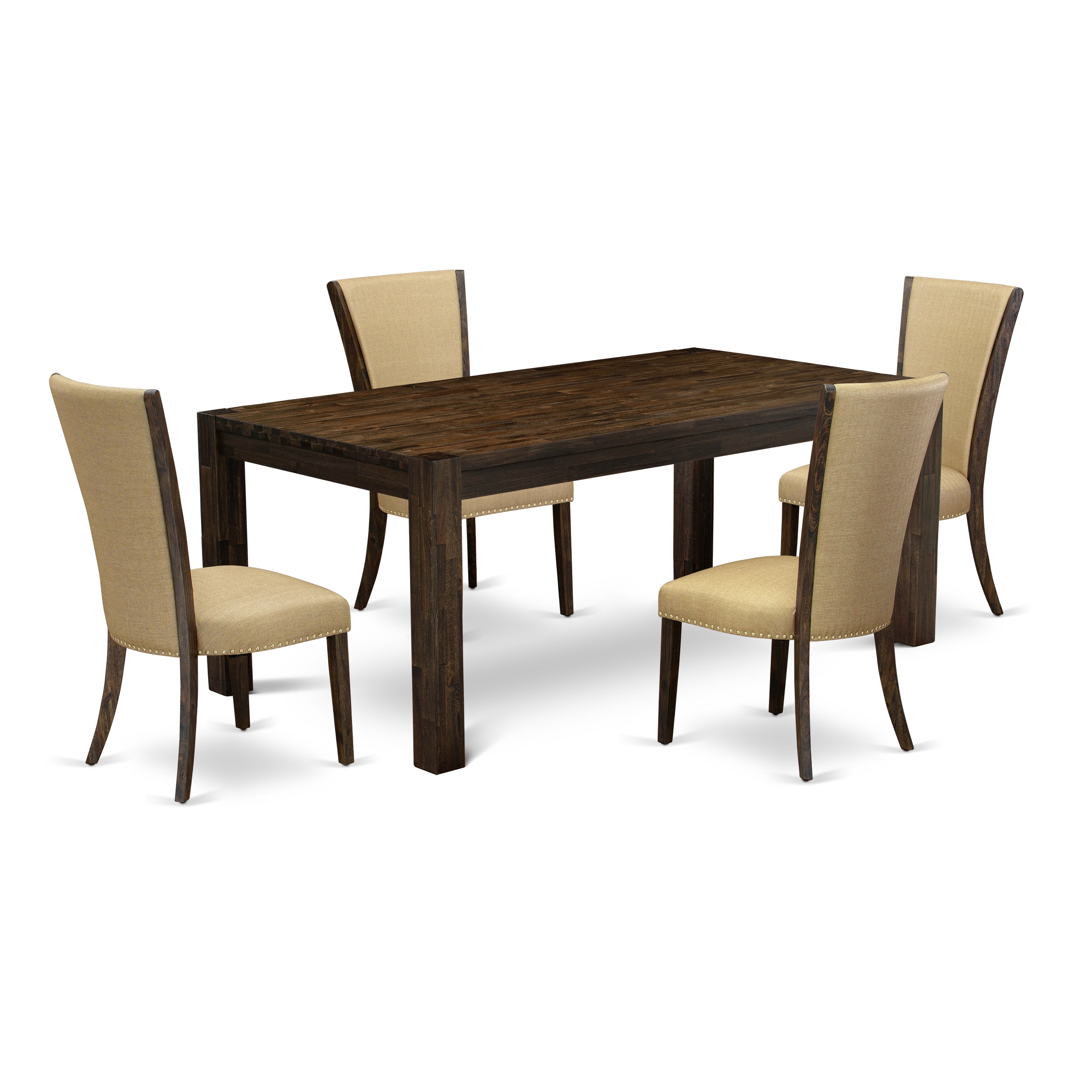 EAST WEST FURNITURE - LMVE5-77-03 - 5-Pc Dining Room Table Set- 4 Parson Dining Chairs and Modern Dining Table - Brown Linen Fabric Seat and Stylish Chair Back (Distressed Jacobean Finish)