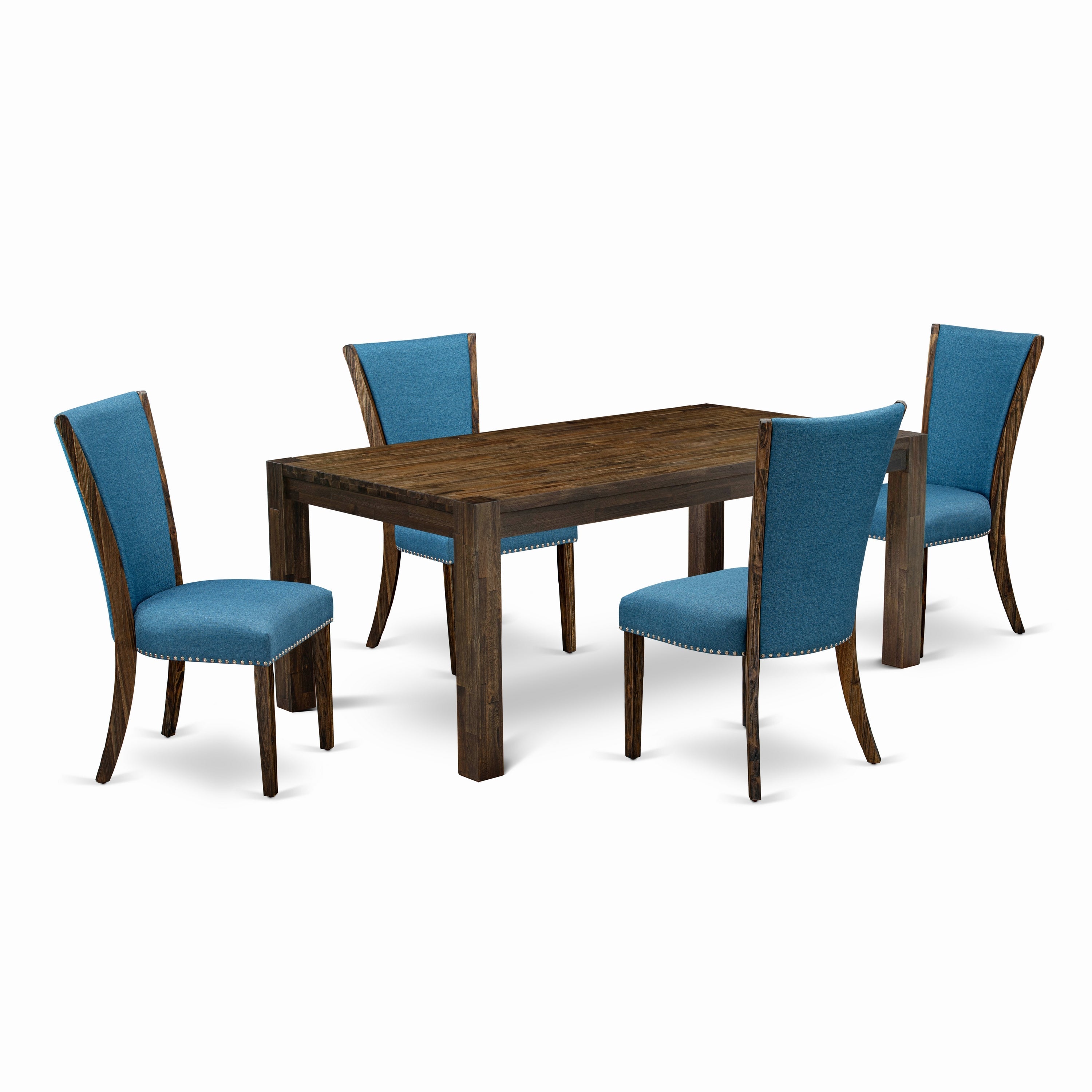 El juego de mesa de cocina de 5 piezas East West Furniture LMVE5-77-21 incluye una mesa de comedor rectangular de madera rústica y 4 sillas tapizadas en tela de lino de color azul.
