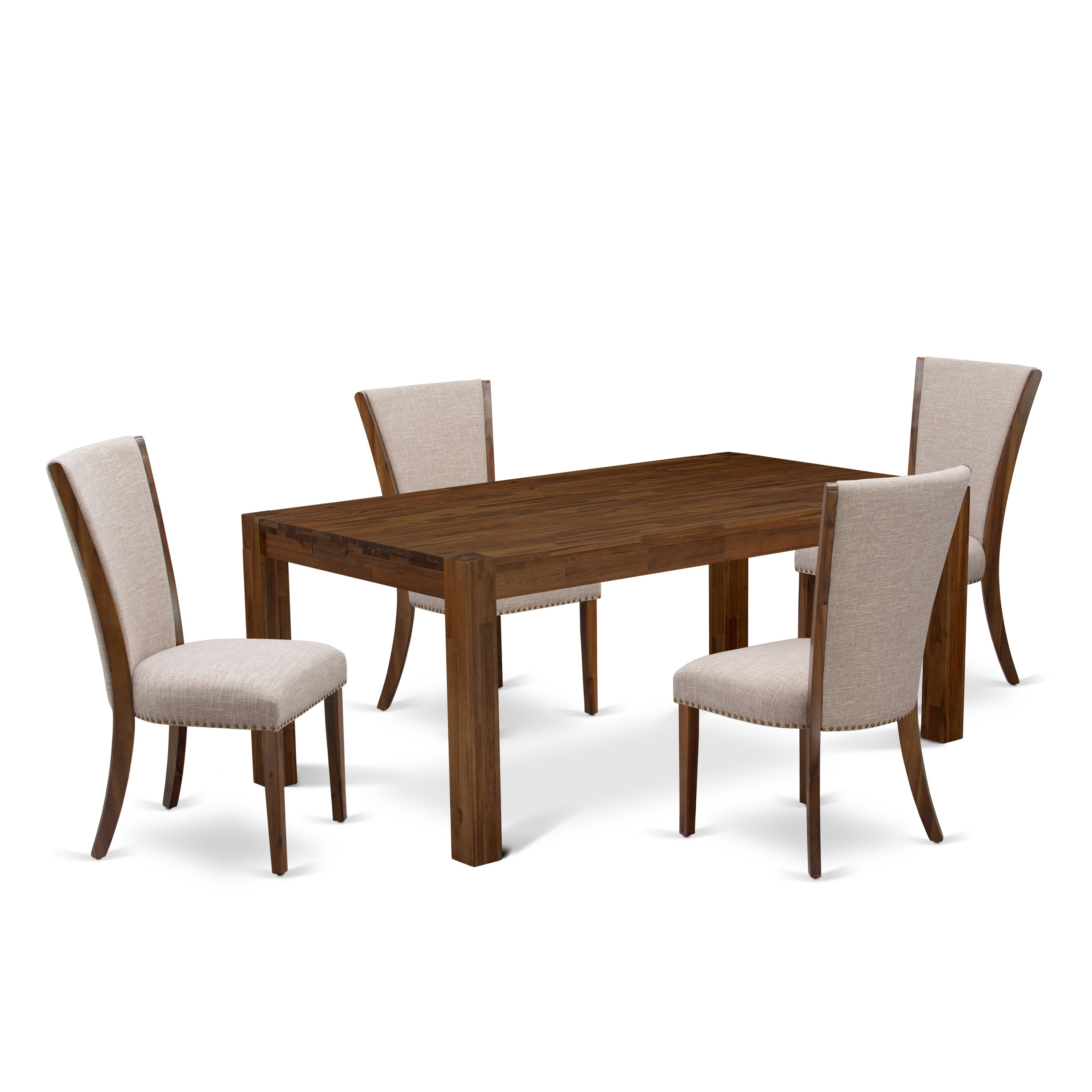 EAST WEST FURNITURE - LMVE5-N8-04 - 5-Pc Dining Room Table Set- 4 Upholstered Dining Chairs and Wood Dining Table - Light Tan Linen Fabric Seat and High Chair Back (Antique Walnut Finish)