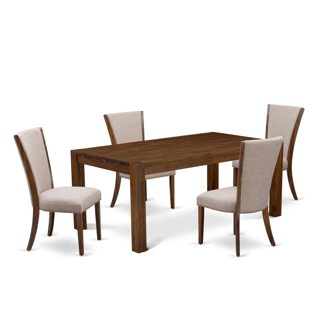 El juego de muebles de comedor de 5 piezas East West Furniture LMVE5-N8-04 incluye una mesa de comedor rectangular de madera rústica y 4 sillas Parsons de tela de lino color tostado claro.