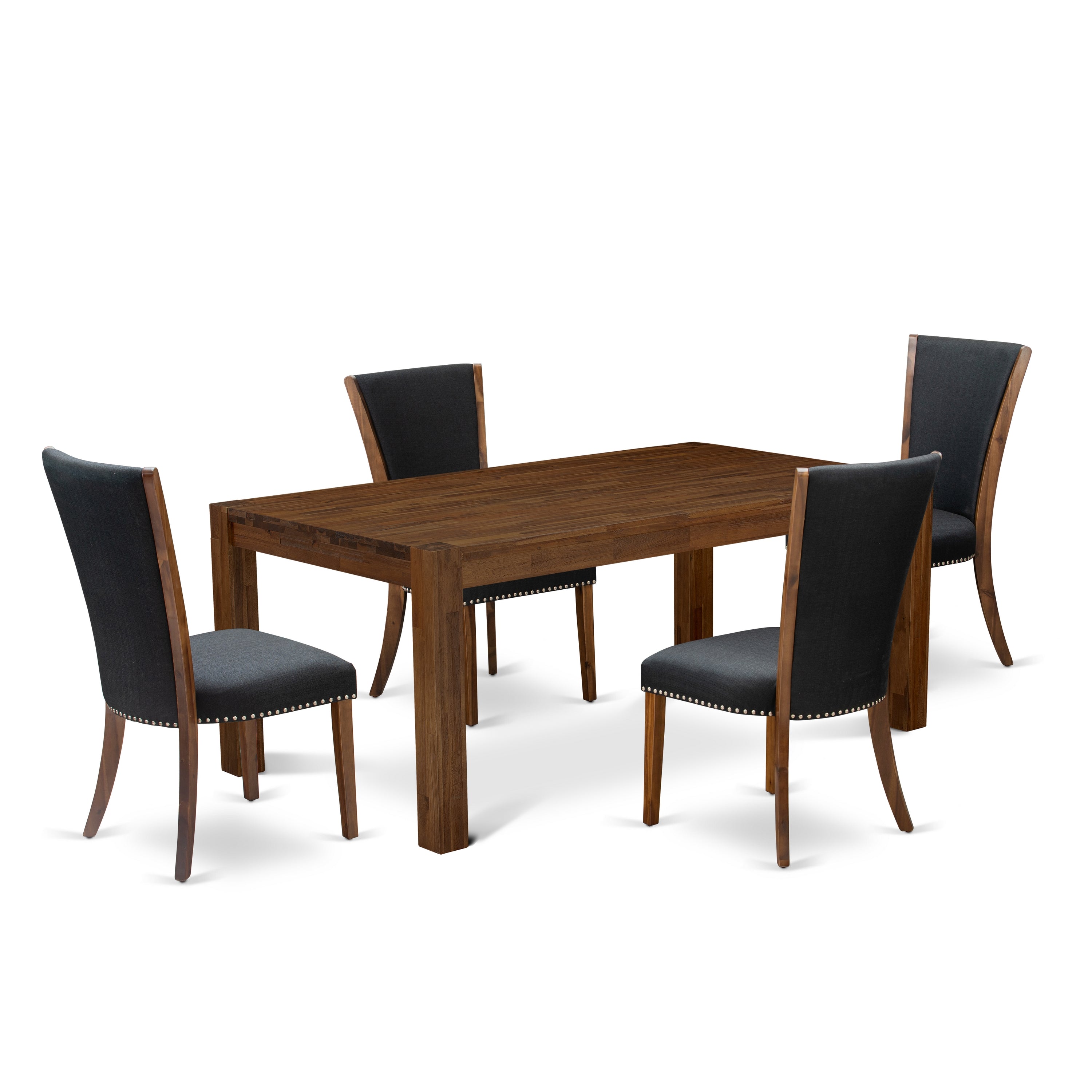 El juego de mesa de comedor de 5 piezas East West Furniture LMVE5-N8-24 incluye una mesa de cocina rectangular de madera rústica y 4 sillas de comedor Parson de tela de lino de color negro.