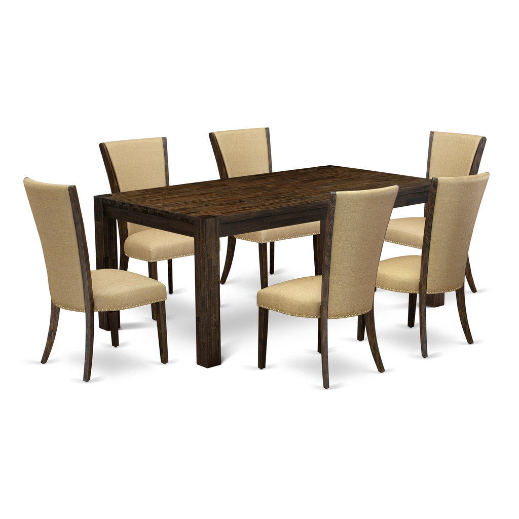 Juego de mesa de cocina de 7 piezas East West Furniture LMVE7-77-03 compuesto por una mesa de comedor rectangular de madera rústica y 6 sillas de comedor Parson de tela de lino marrón.