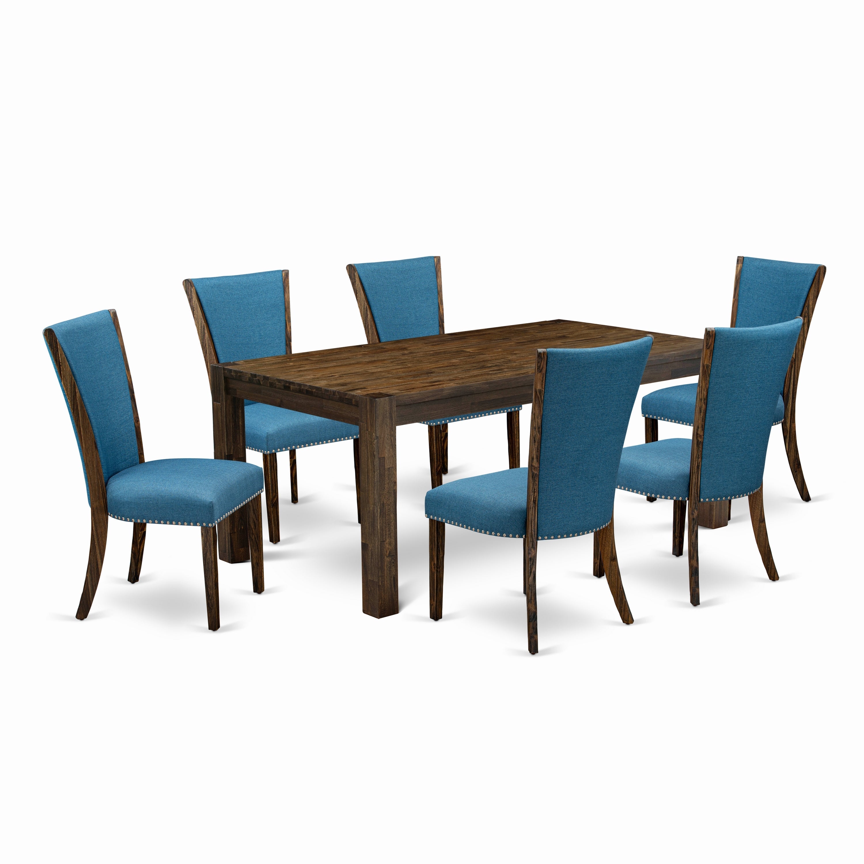 EAST WEST FURNITURE - LMVE7-77-21 - 7-Pc Dining Room Table Set- 6 kitchen chairs and Rectangular Table - Blue Linen Fabric Seat and High Chair Back (Distressed Jacobean Finish)