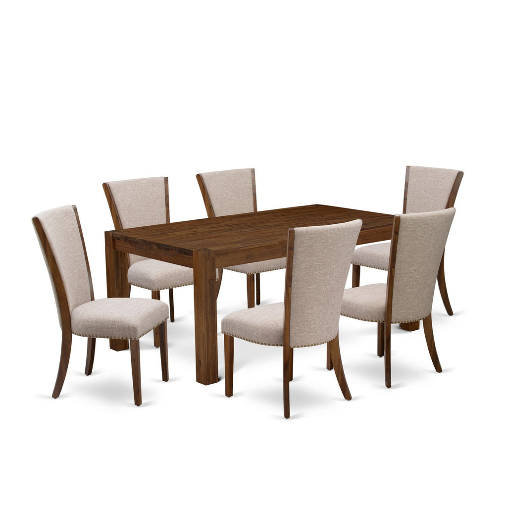 EAST WEST FURNITURE - LMVE7-N8-04 - 7-Pc Kitchen Dining Set- 6 Padded Parson Chair and Modern Kitchen Table - Light Tan Linen Fabric Seat and High Chair Back (Antique Walnut Finish)