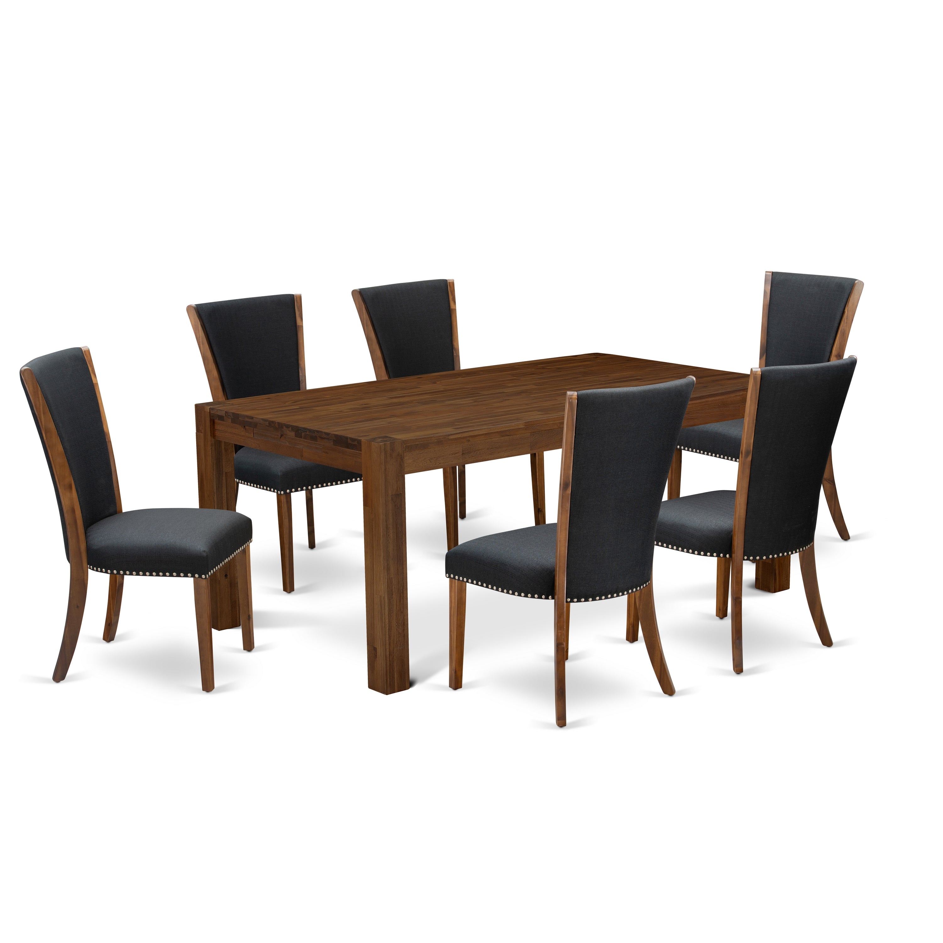 EAST WEST FURNITURE - LMVE7-N8-24 - 7-Pc Kitchen Dining Room Set- 6 Parson Dining Chairs and Dining Table - Black Linen Fabric Seat and High Chair Back (Antique Walnut Finish)