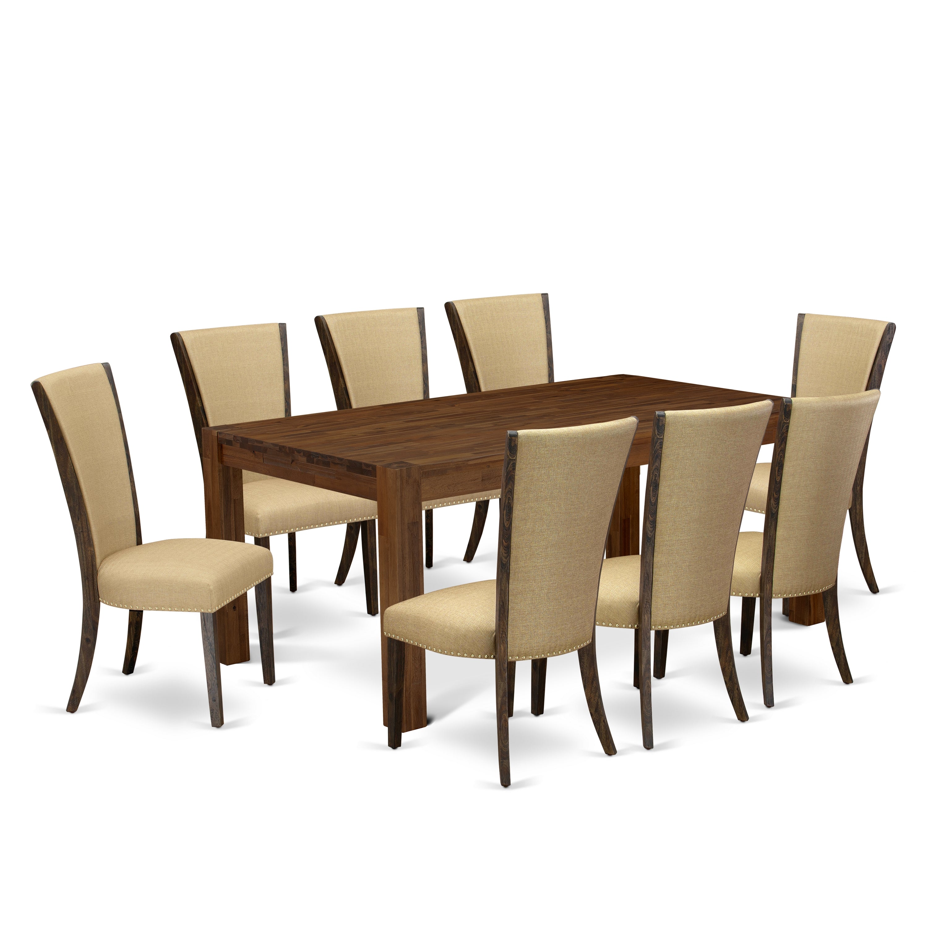 El juego de mesa de comedor East West Furniture LMVE9-77-03 de 9 piezas incluye una mesa de cocina rectangular de madera rústica y 8 sillas de comedor Parson de tela de lino marrón.