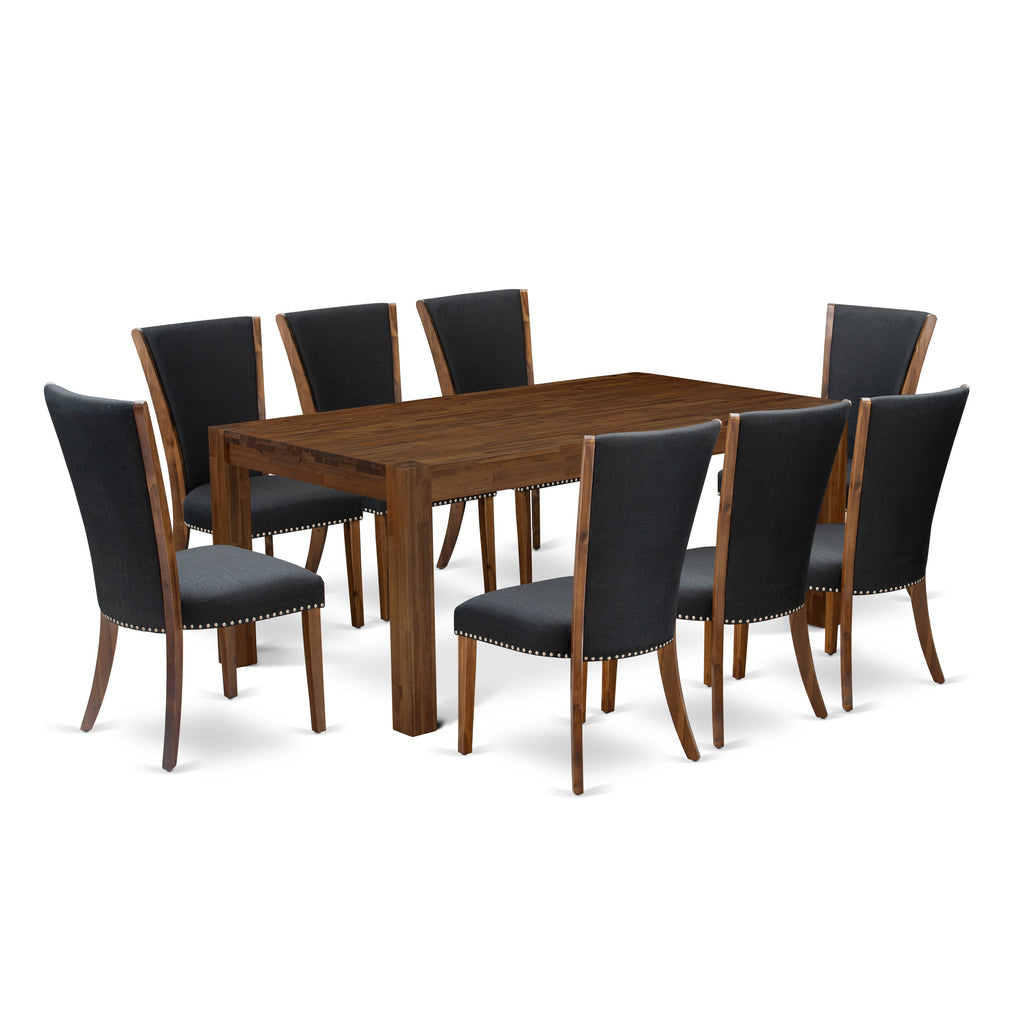 El juego de mesa de comedor East West Furniture LMVE9-N8-24 de 9 piezas incluye una mesa de cocina rectangular de madera rústica y 8 sillas de comedor Parson de tela de lino de color negro.