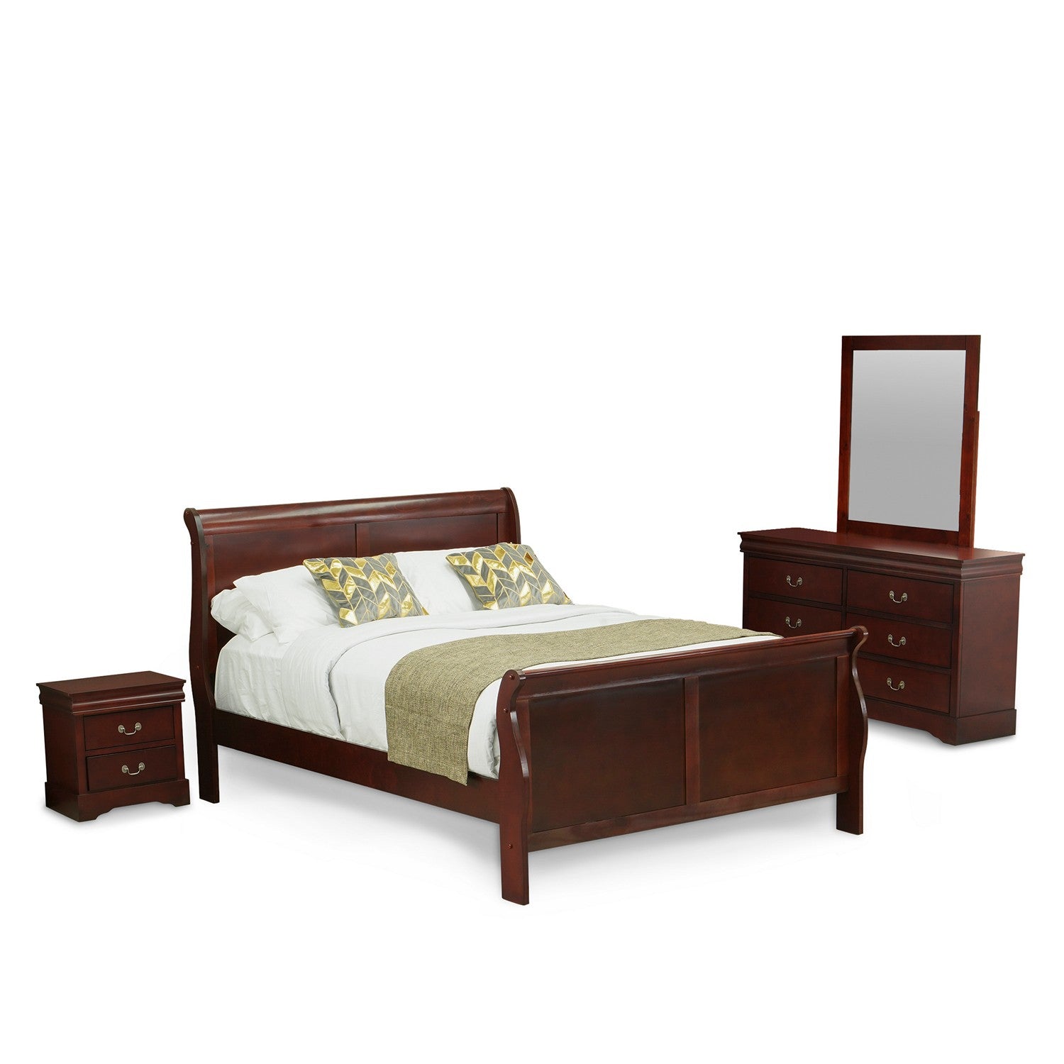 LP03-Q1NDM0 Juego de dormitorio Louis Philippe de 4 piezas tamaño queen en acabado nogal con cama queen