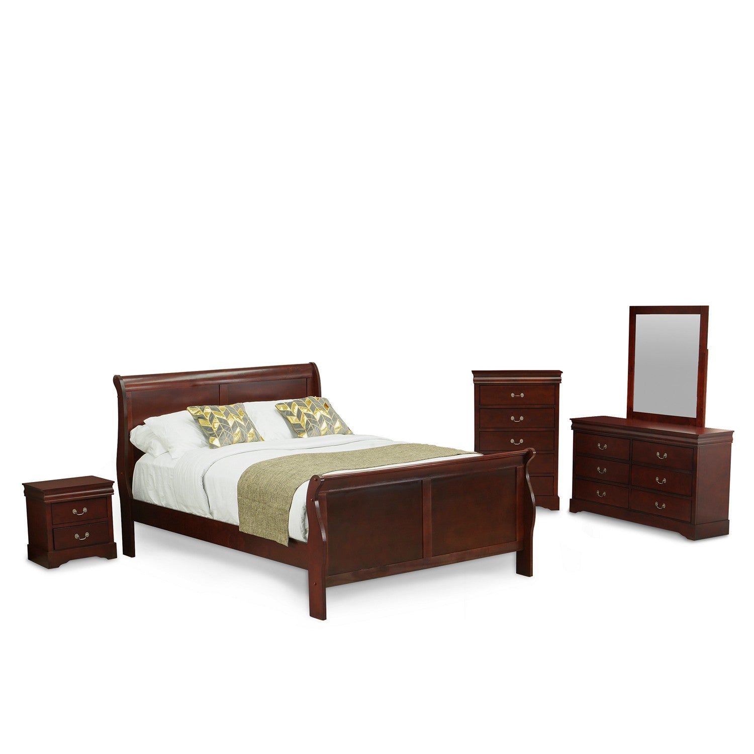 East West Furniture Louis Philippe 5 Piece Queen Size Bedroom Set in Phillip Walnut Finish with Queen Bed,Nightstand ,Dresser, Mirror,Chest