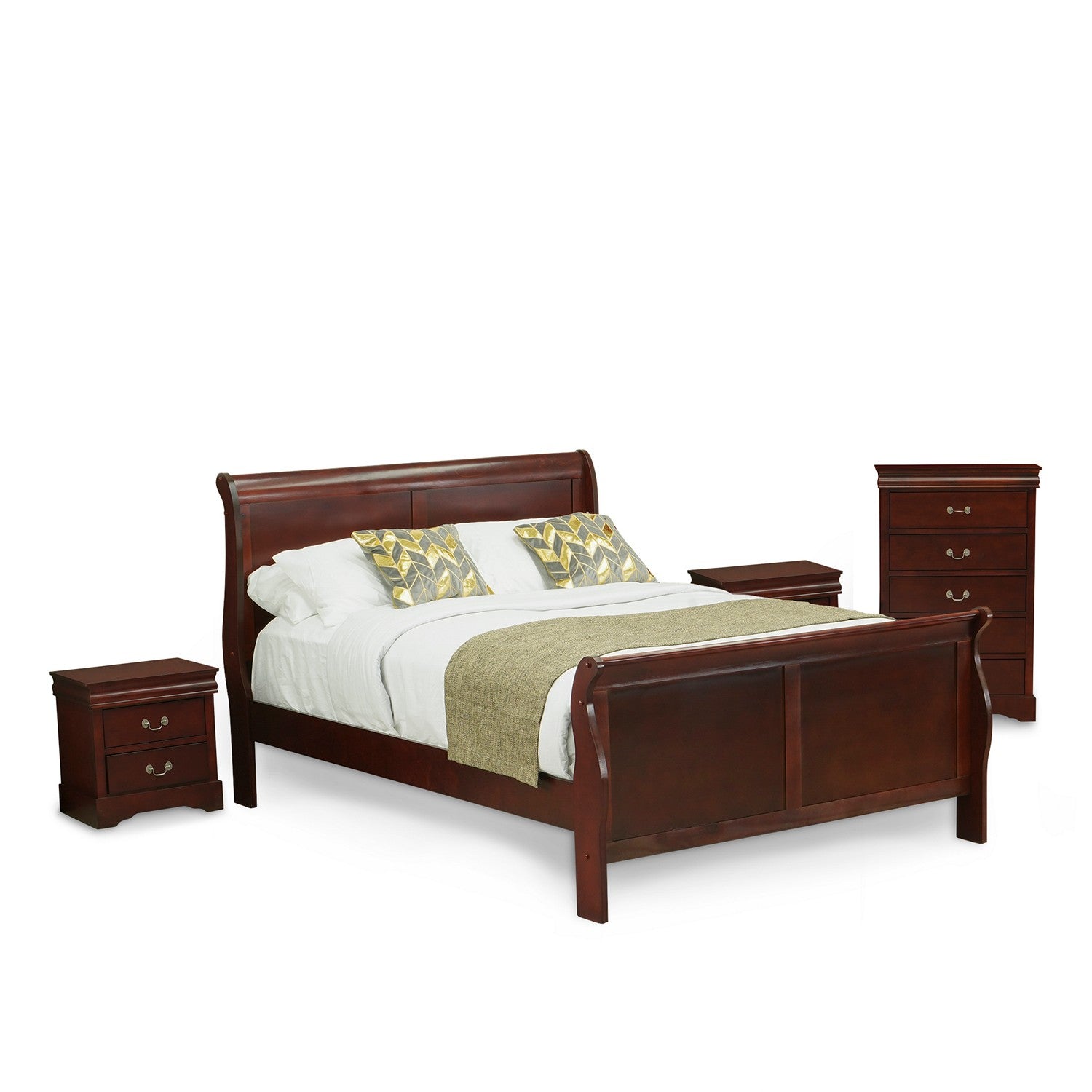 Juego de dormitorio Louis Philippe de 4 piezas tamaño Queen de East West Furniture en acabado Phillip Walnut con cama Queen
