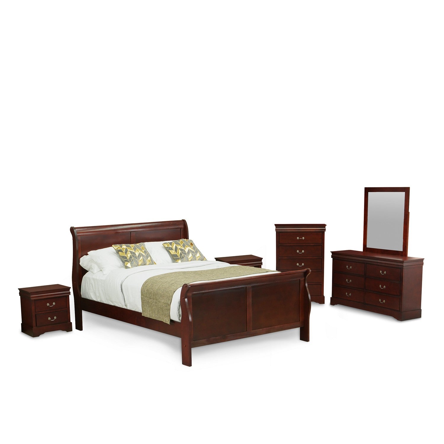 East West Furniture Louis Philippe 6 Piece Queen Size Bedroom Set in Phillip Walnut Finish with Queen Bed,2 Nightstands ,Dresser, Mirror,Chest