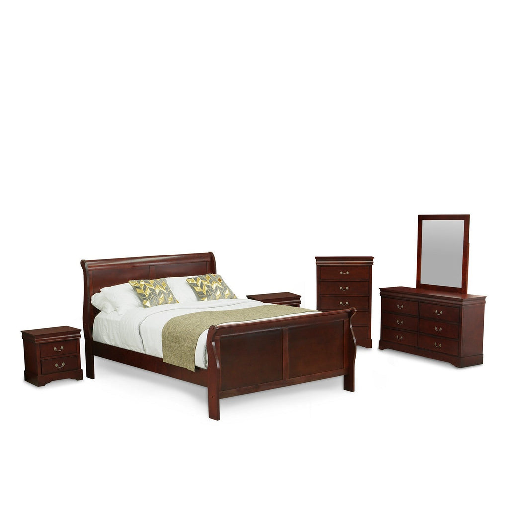 LP03-Q2NDMC Louis Philippe 6 Piece Queen Size Bedroom Set in Walnut Finish with Queen Bed, 2 Nightstands, Dresser with Mirror & Chest