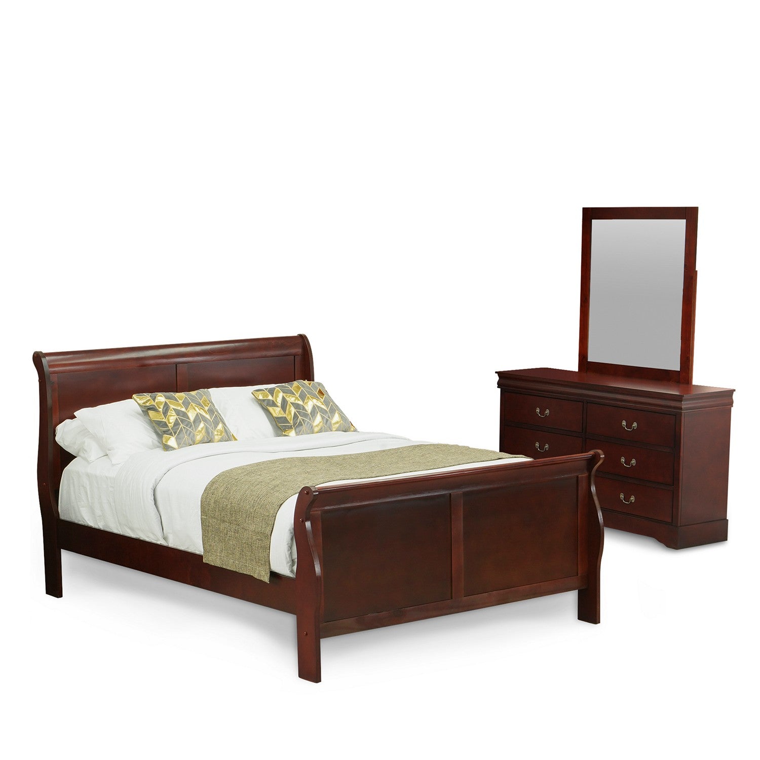 East West Furniture Louis Philippe 3 Piece Queen Size Bedroom Set in Phillip Walnut Finish with Queen Bed, ,Dresser, Mirror,