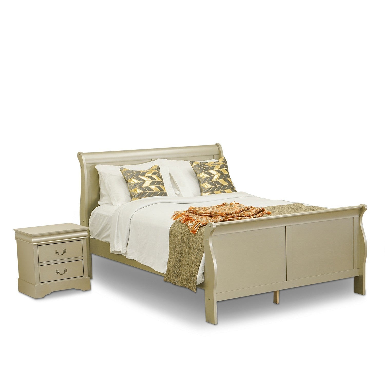 East West Furniture Louis Philippe 2 Piece Queen Size Bedroom Set in Metallic Gold Finish with Queen Bed,Nightstand