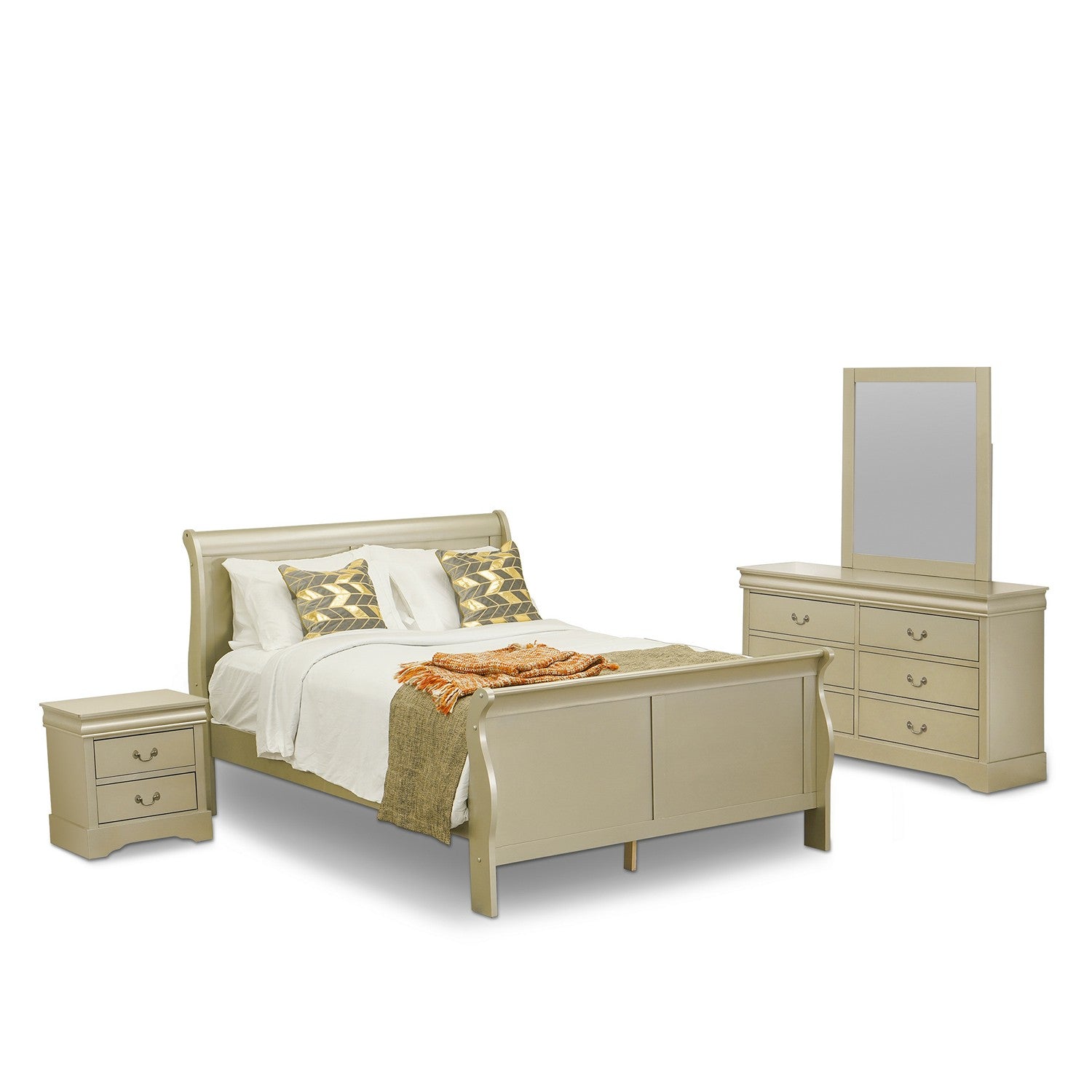 East West Furniture Louis Philippe 4 Piece Queen Size Bedroom Set in Metallic Gold Finish with Queen Bed,Nightstand ,Dresser, Mirror,