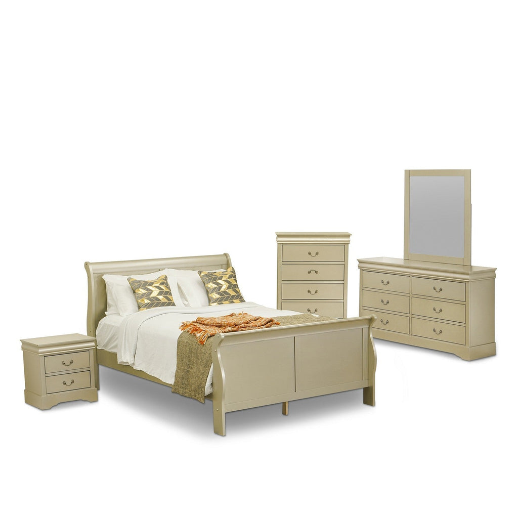 LP04-Q1NDMC Louis Philippe 5 Piece Queen Size Bedroom Set in Metallic Gold Finish with Queen Bed