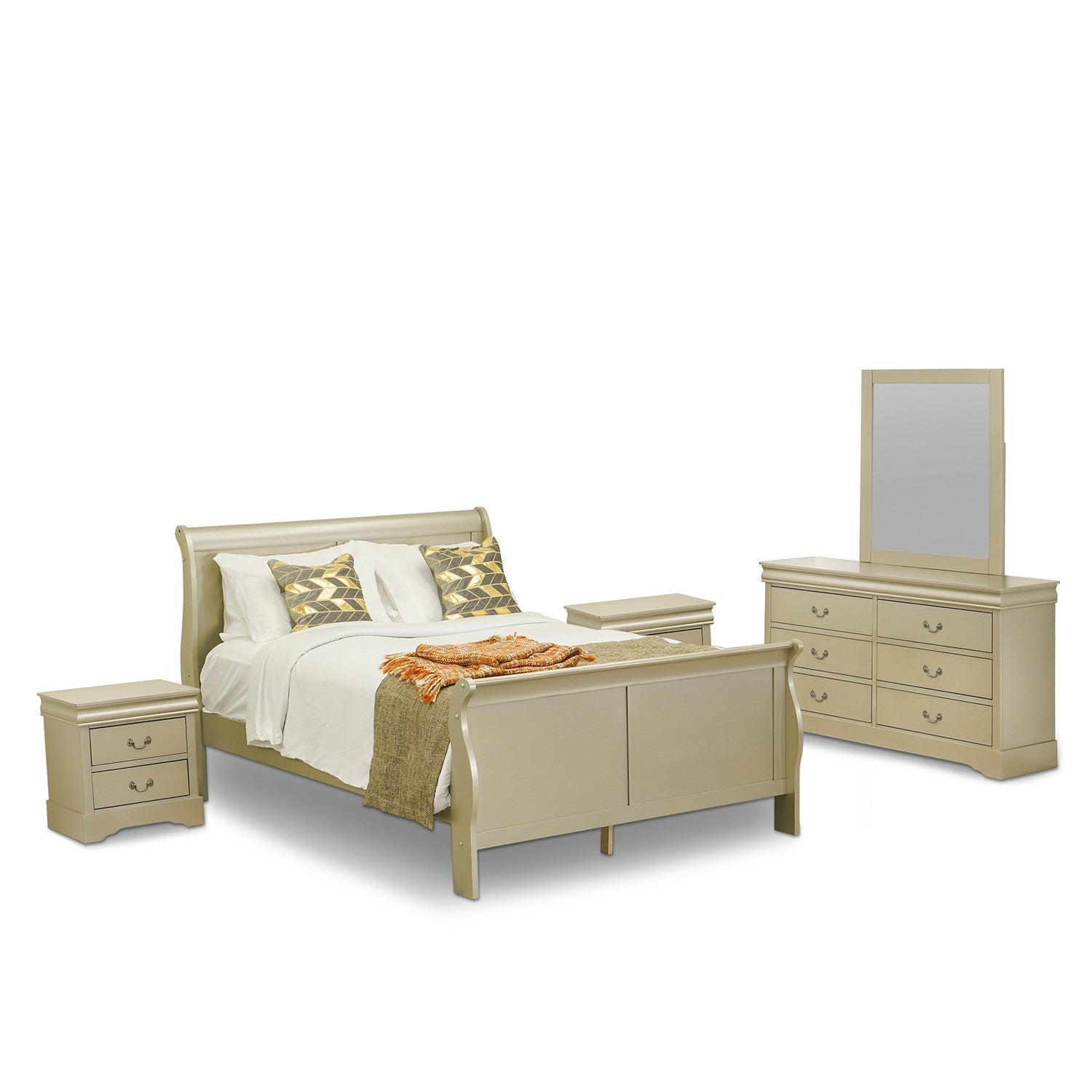 East West Furniture Louis Philippe 5 Piece Queen Size Bedroom Set in Metallic Gold Finish with Queen Bed,2 Nightstands ,Dresser, Mirror,