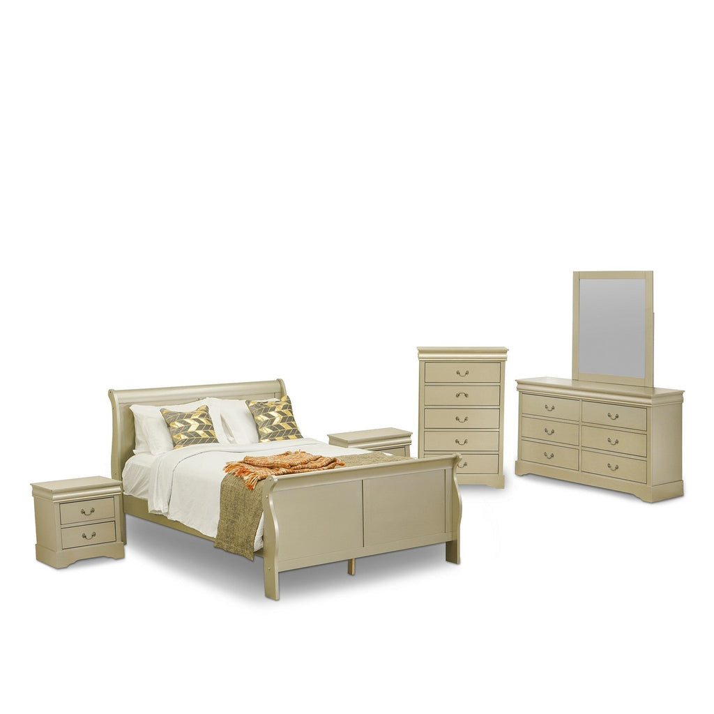 LP04-Q2NDMC Louis Philippe 6 Piece Queen Size Bedroom Set in Metallic Gold Finish with Queen Bed, 2 Nightstands, Dresser with Mirror and Chest