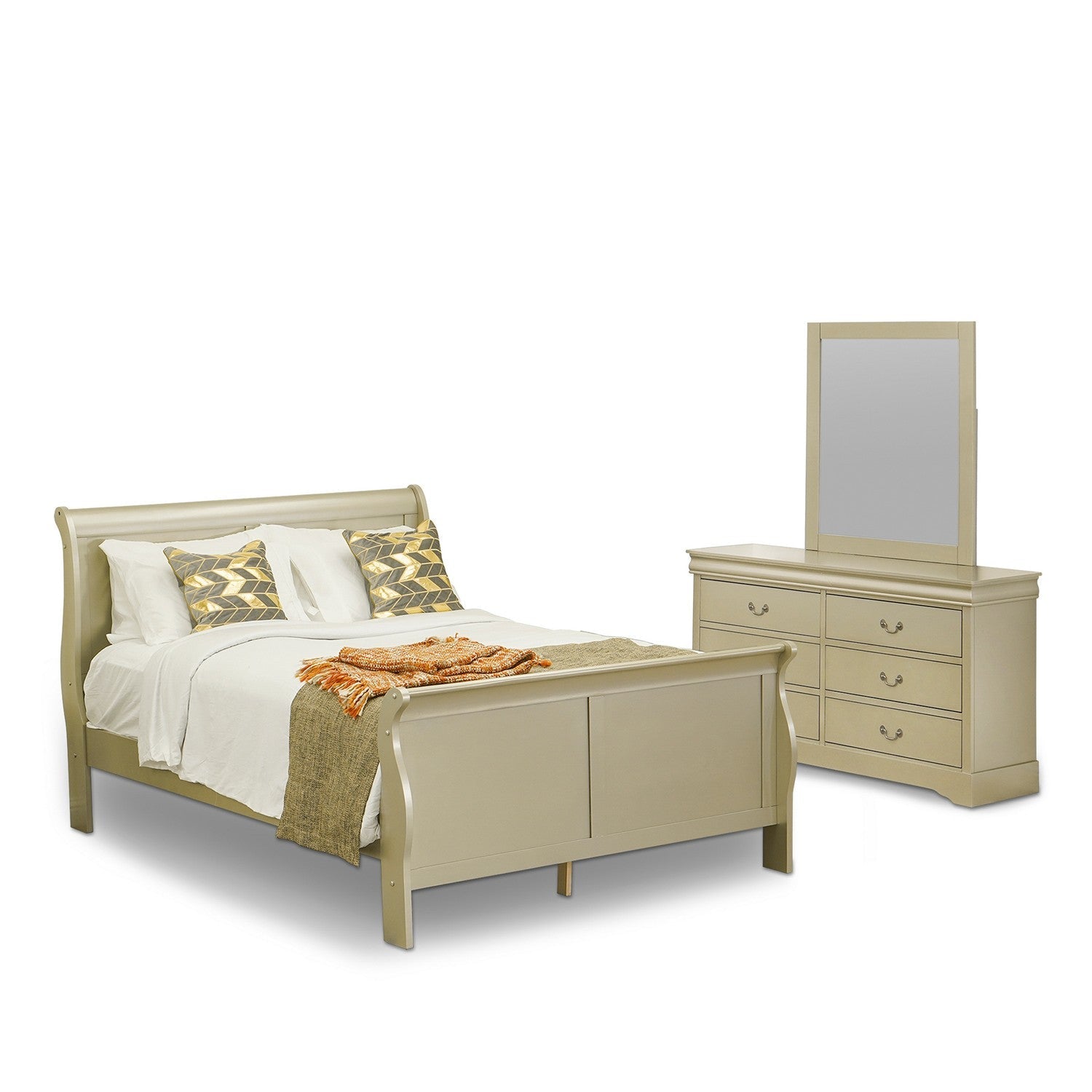 LP04-QDM000 Juego de dormitorio Louis Philippe de 3 piezas tamaño queen con acabado dorado metálico y cama queen