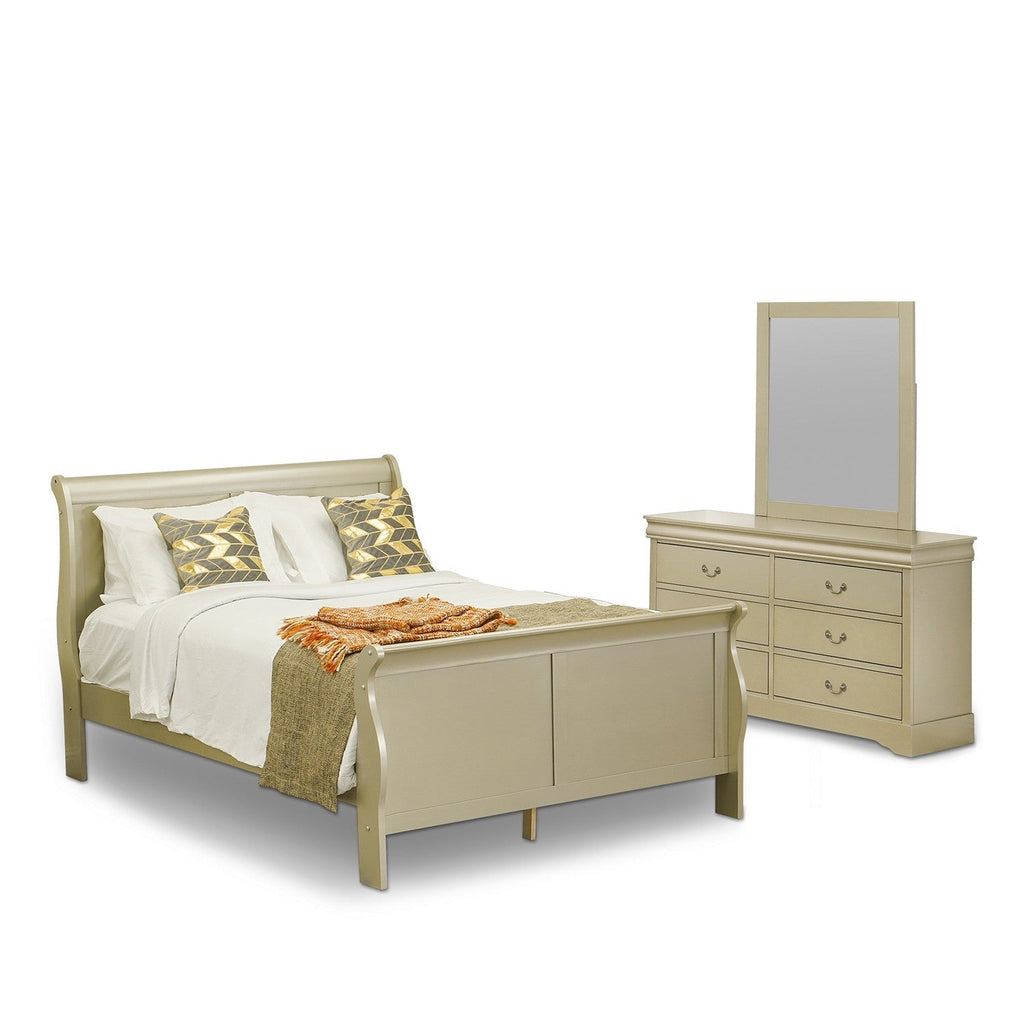 LP04-QDM000 Louis Philippe 3 Piece Queen Size Bedroom Set in Metallic Gold Finish with Queen Bed, Dresser with Mirror