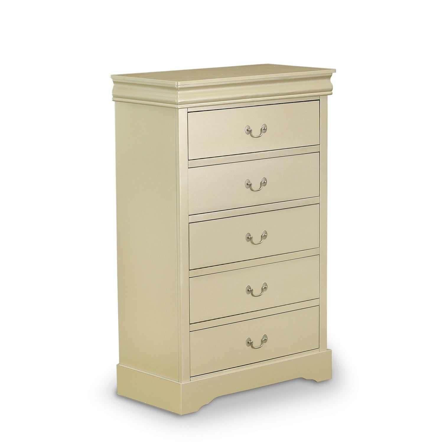 East West Furniture Louis Philippe 2 Piece Queen Size Bedroom Set in Metallic Gold Finish with Queen Bed, Chest