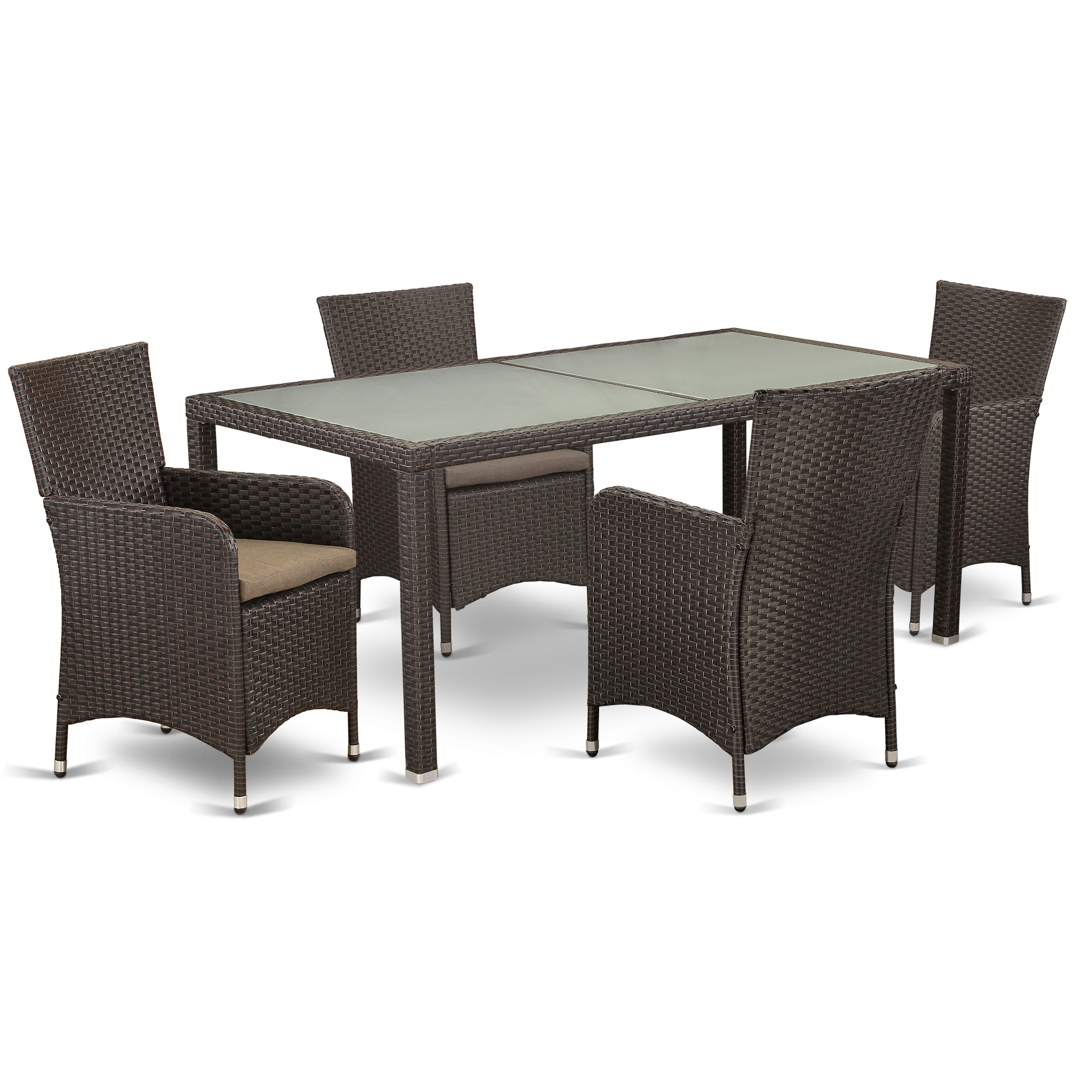 East West Furniture LULU5-63S Juego de muebles de patio de mimbre para exterior de 5 piezas Incluye una mesa de comedor de bistró rectangular con tapa de vidrio y 4 sillones de balcón con cojín