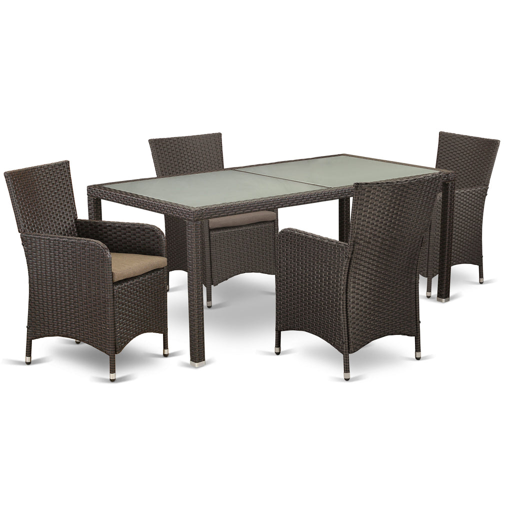 East West Furniture LULU5-63S Juego de muebles de patio de mimbre para exterior de 5 piezas Incluye una mesa de comedor de bistró rectangular con tapa de vidrio y 4 sillones de balcón con cojín