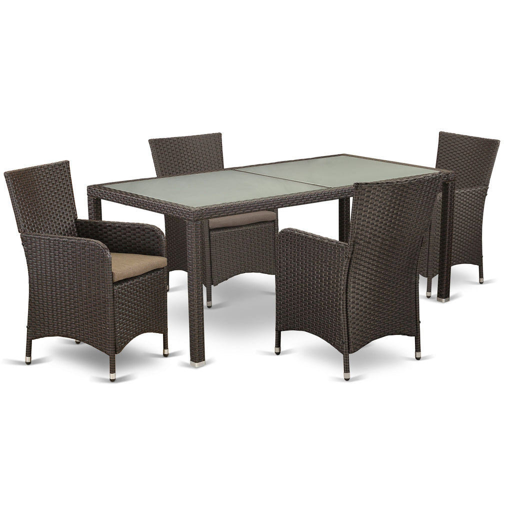 East West Furniture LULU5-63S 5 Piece Outdoor Wicker Patio Furniture Sets Includes a Rectangle Bistro Dining Table with Glass Top and 4 Balcony Armchair with Cushion, 36x73 Inch, Dark Brown