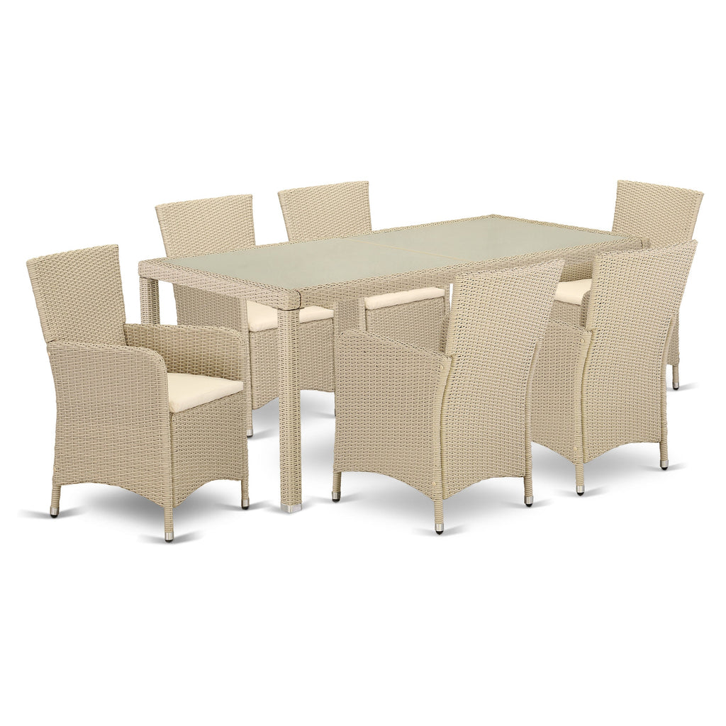 East West Furniture LULU7-53V 7 Piece Wicker Patio Furniture Set Consist of a Rectangle Outdoor Table with Glass Top and 6 Balcony Backyard Armchair with Cushion, 36x73 Inch, Cream