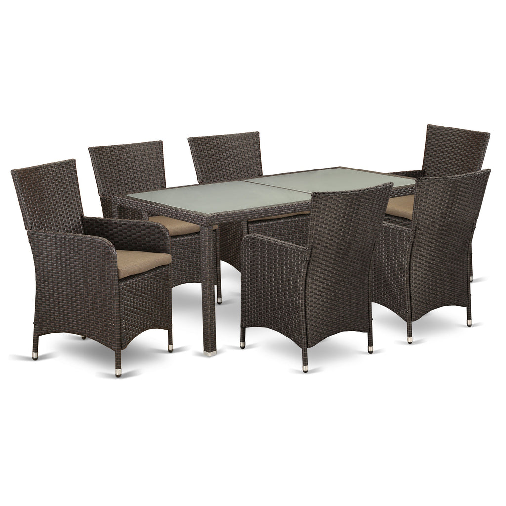 Juego de muebles de patio de mimbre LULU7-63S de 7 piezas de East West Furniture que consta de una mesa rectangular para exterior con cubierta de vidrio y 6 sillones para balcón y patio trasero con cojín.