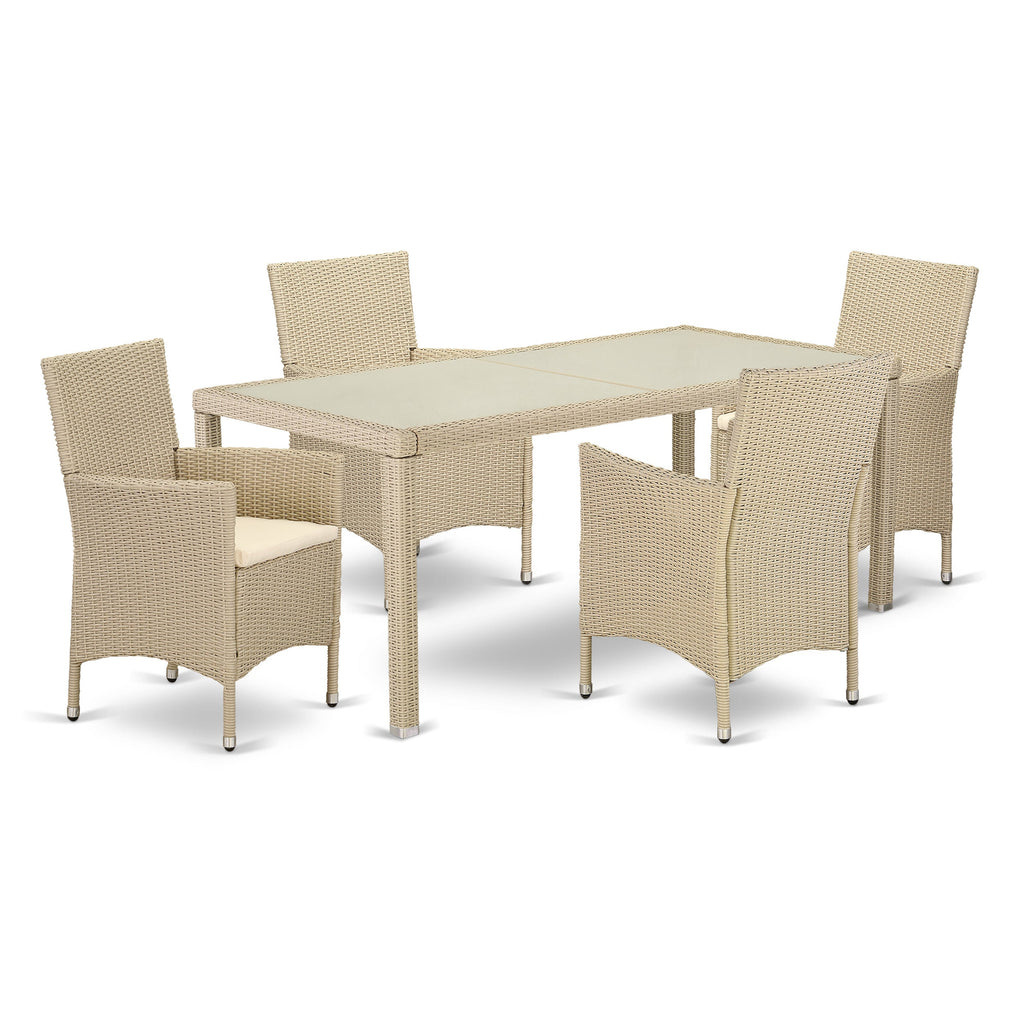 East West Furniture LUVL5-53V 5 Piece Wicker Patio Furniture Set Includes a Rectangle Outdoor Table with Glass Top and 4 Balcony Backyard Armchair with Cushion, 36x73 Inch, Cream